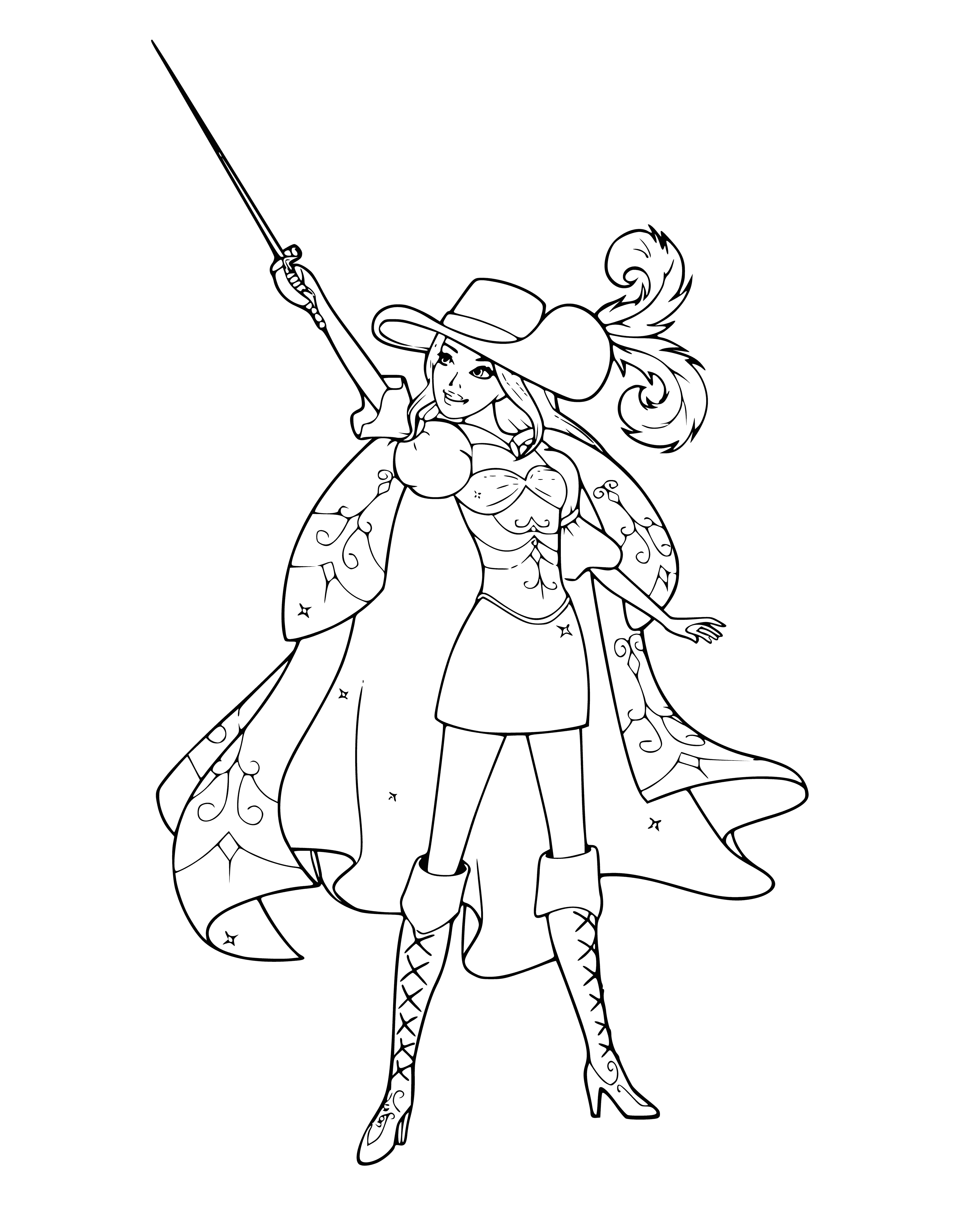 coloring page: Barbie dressed as a musketeer with a white shirt, blue vest, red cape, black hat and a sword in her hand. #coloringpage #barbie