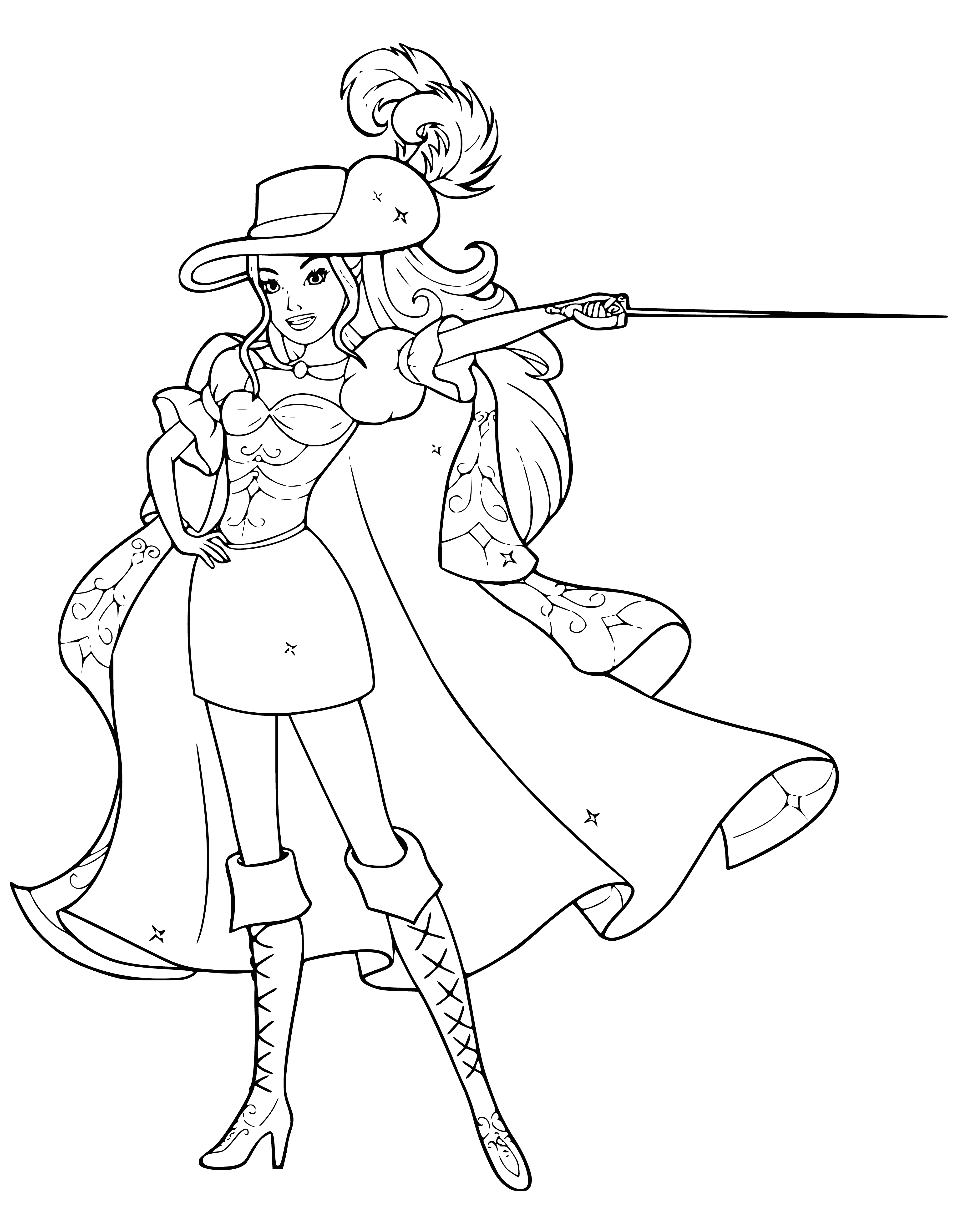 Barbie in a hat, a cloak and a sword coloring page