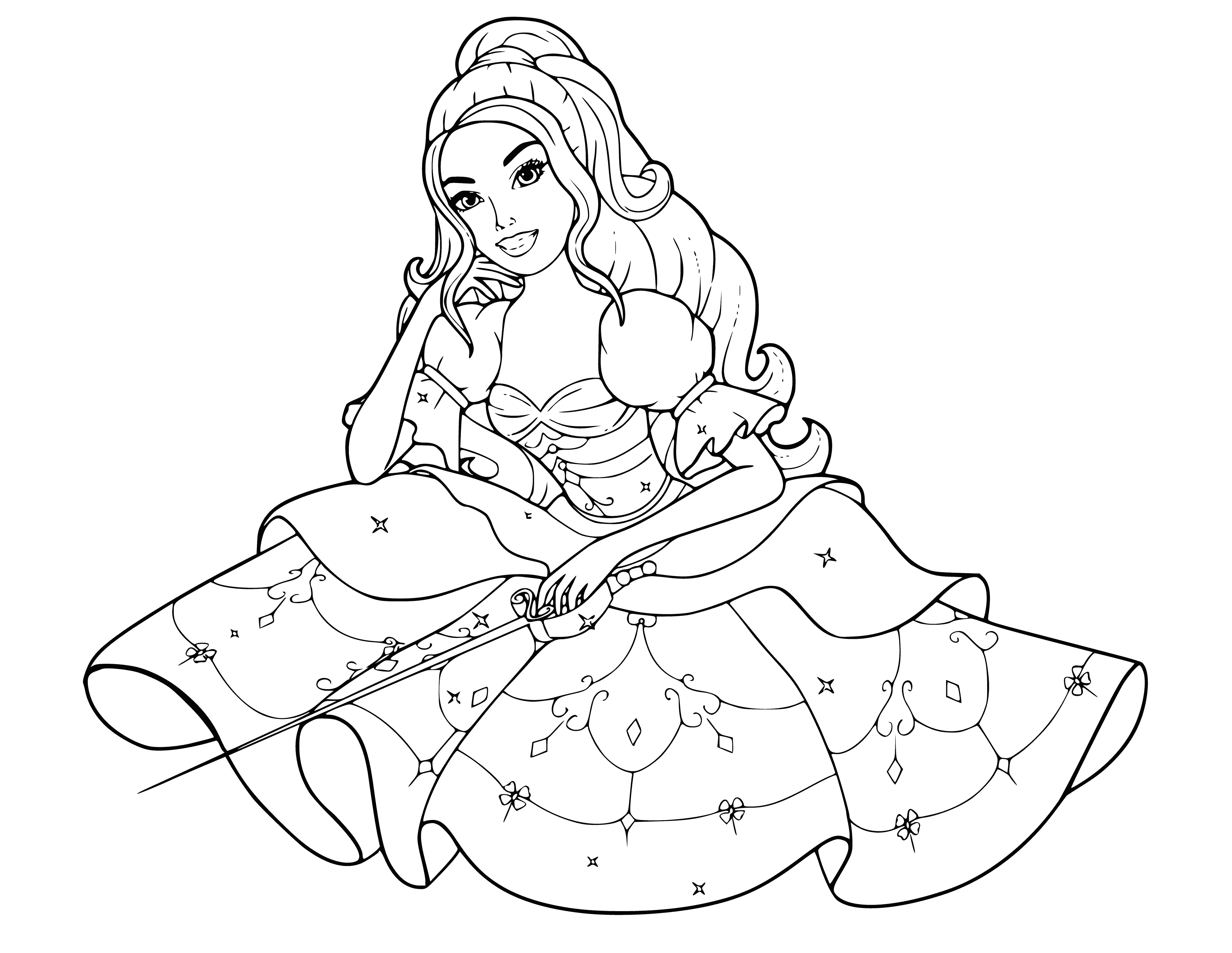 Barbie corinne sits with a sword coloring page