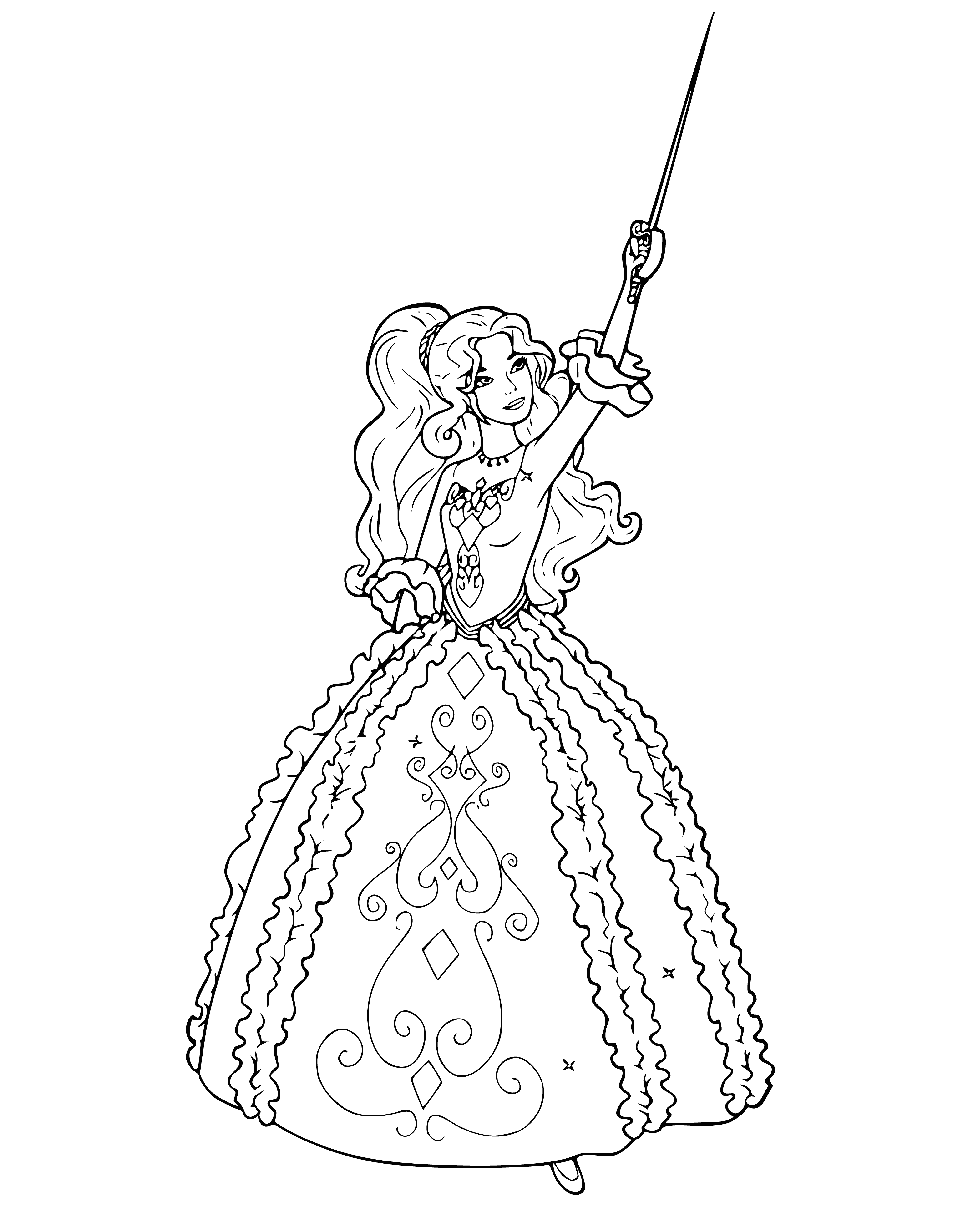 coloring page: She stands tall, ready for battle!

Barbie is a fearless musketeer ready for battle, dressed in a fluffy dress and carrying a sword!