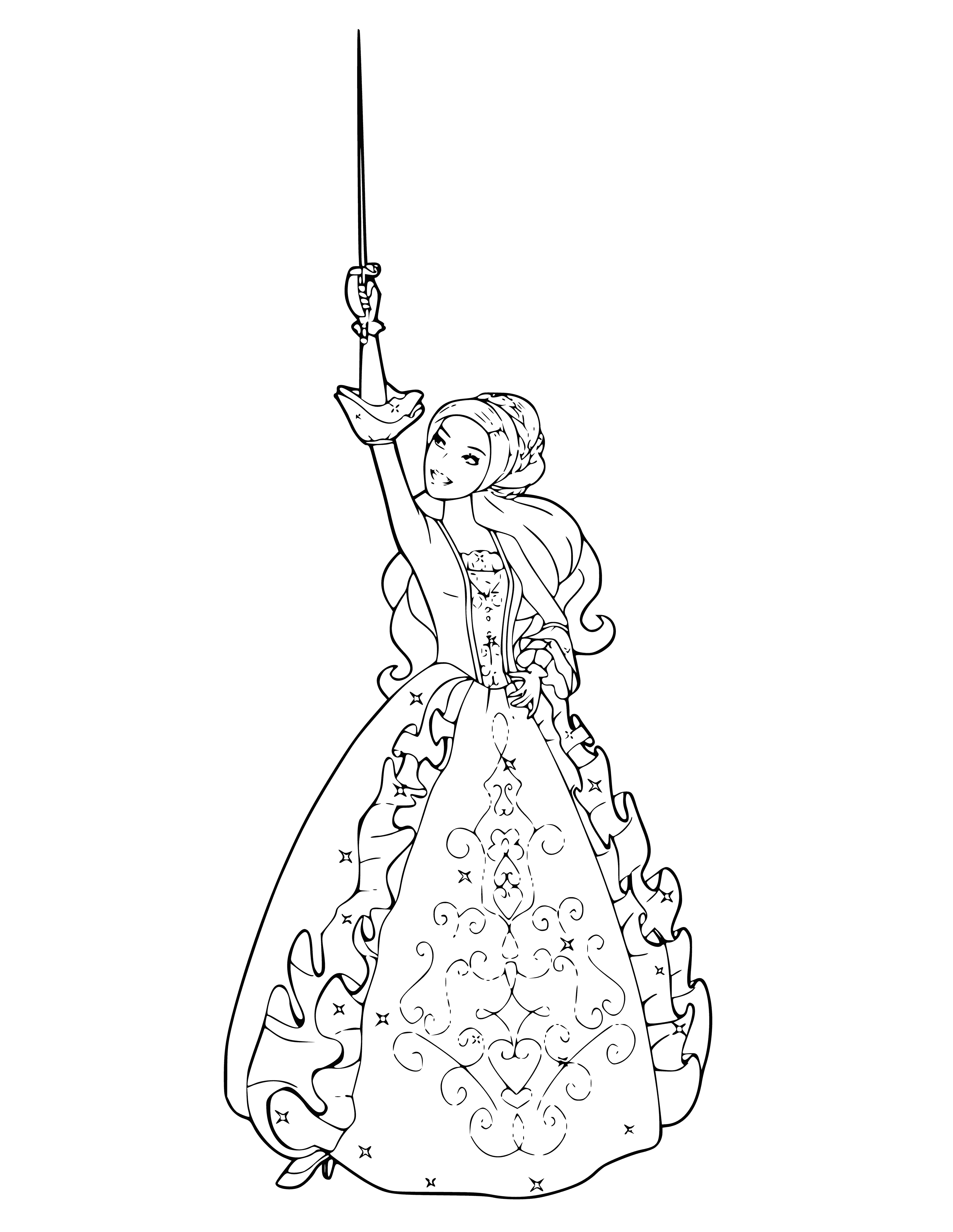 coloring page: Barbie as a musketeer, wearing sash and feathered hat, brandishes a sword. #BarbieDreams