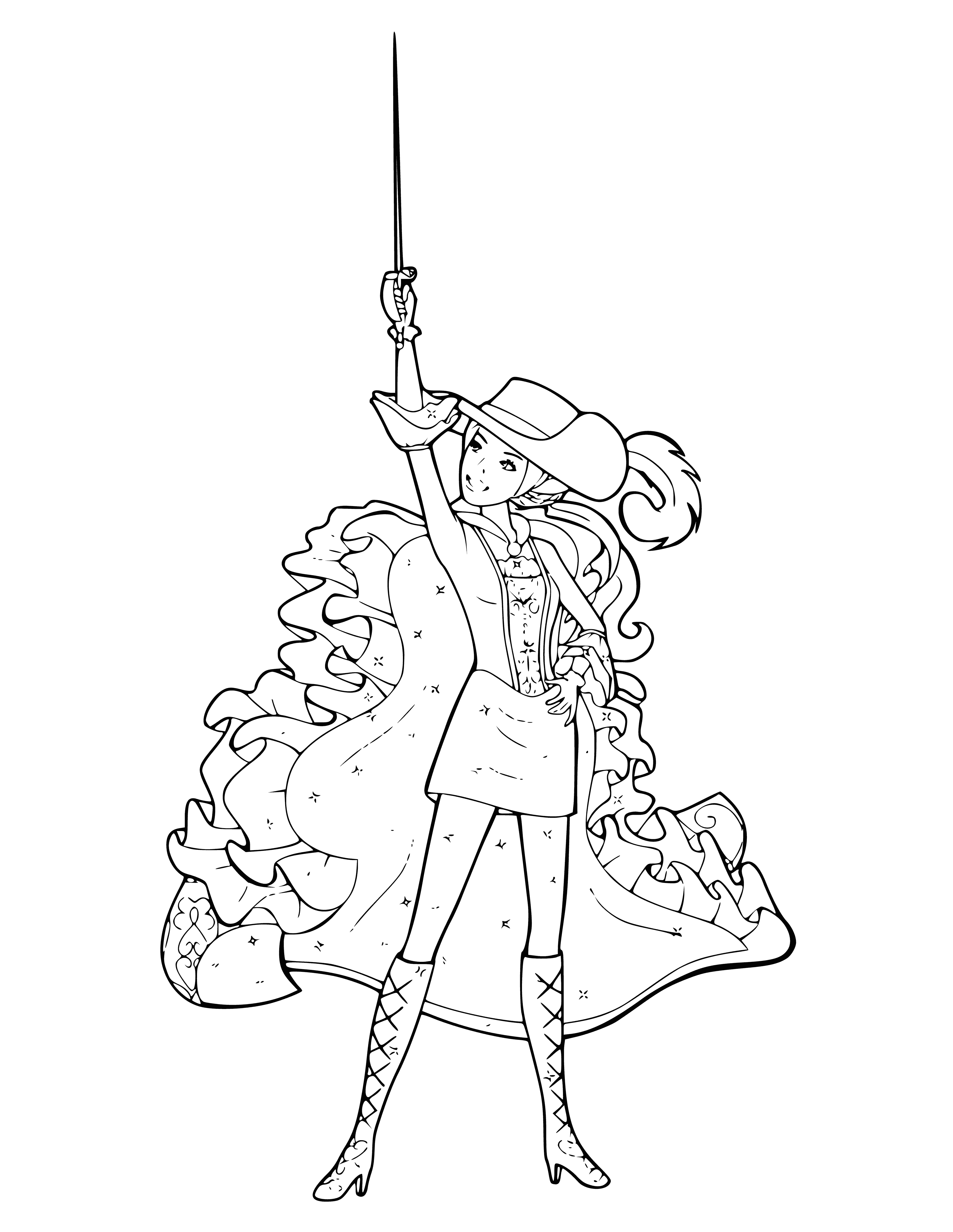 coloring page: Barbie Musketeer has a blue sword and red cape and looks ready to fight for justice. #barbie
