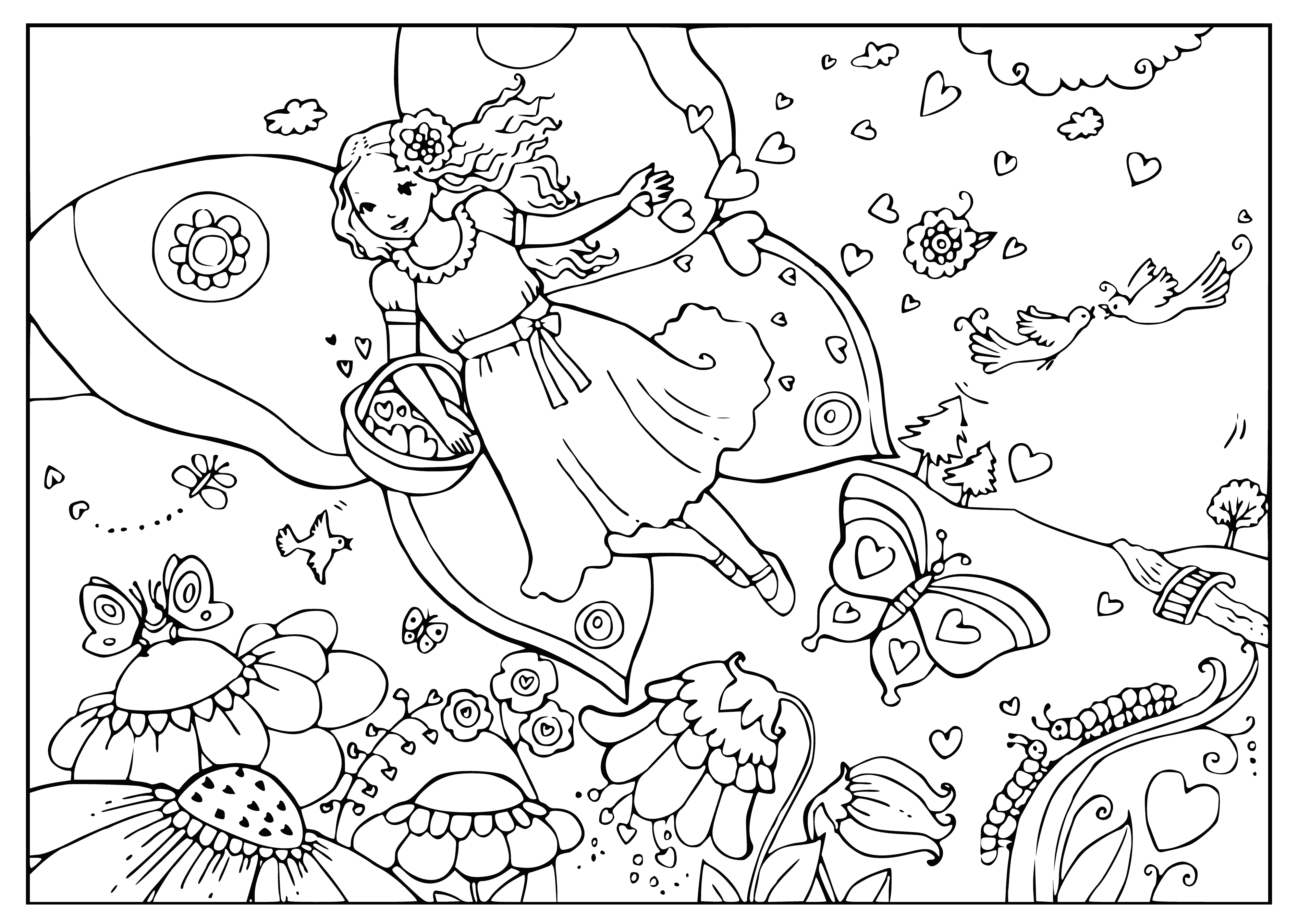 coloring page: Fairy in a meadow full of flowers wearing a dress, holding wand, with flowers in hair and wings.