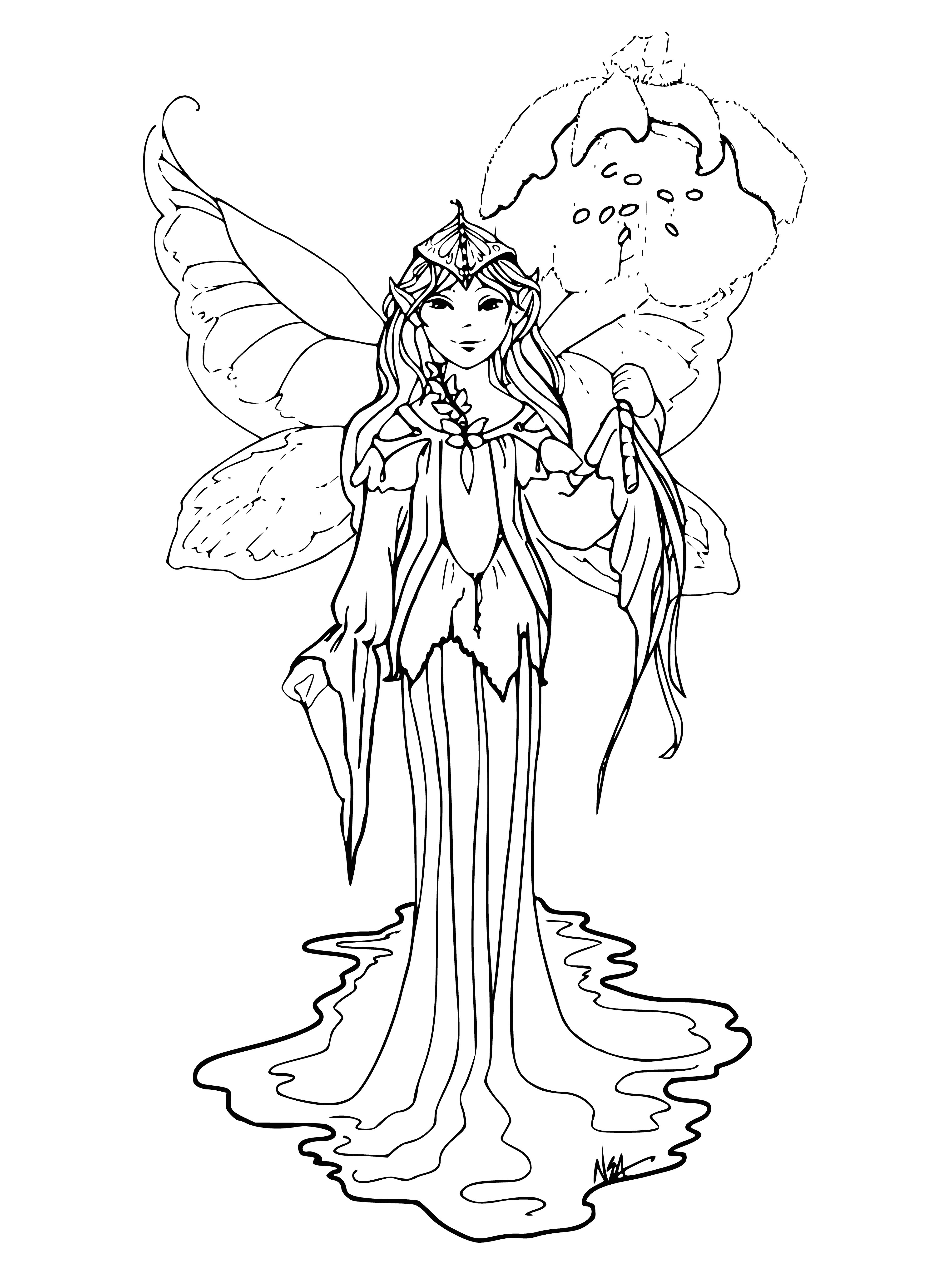 coloring page: Elves & fairies are small mythological beings with pointy ears & wings. They can be mischievous, but can also have benevolent sides.