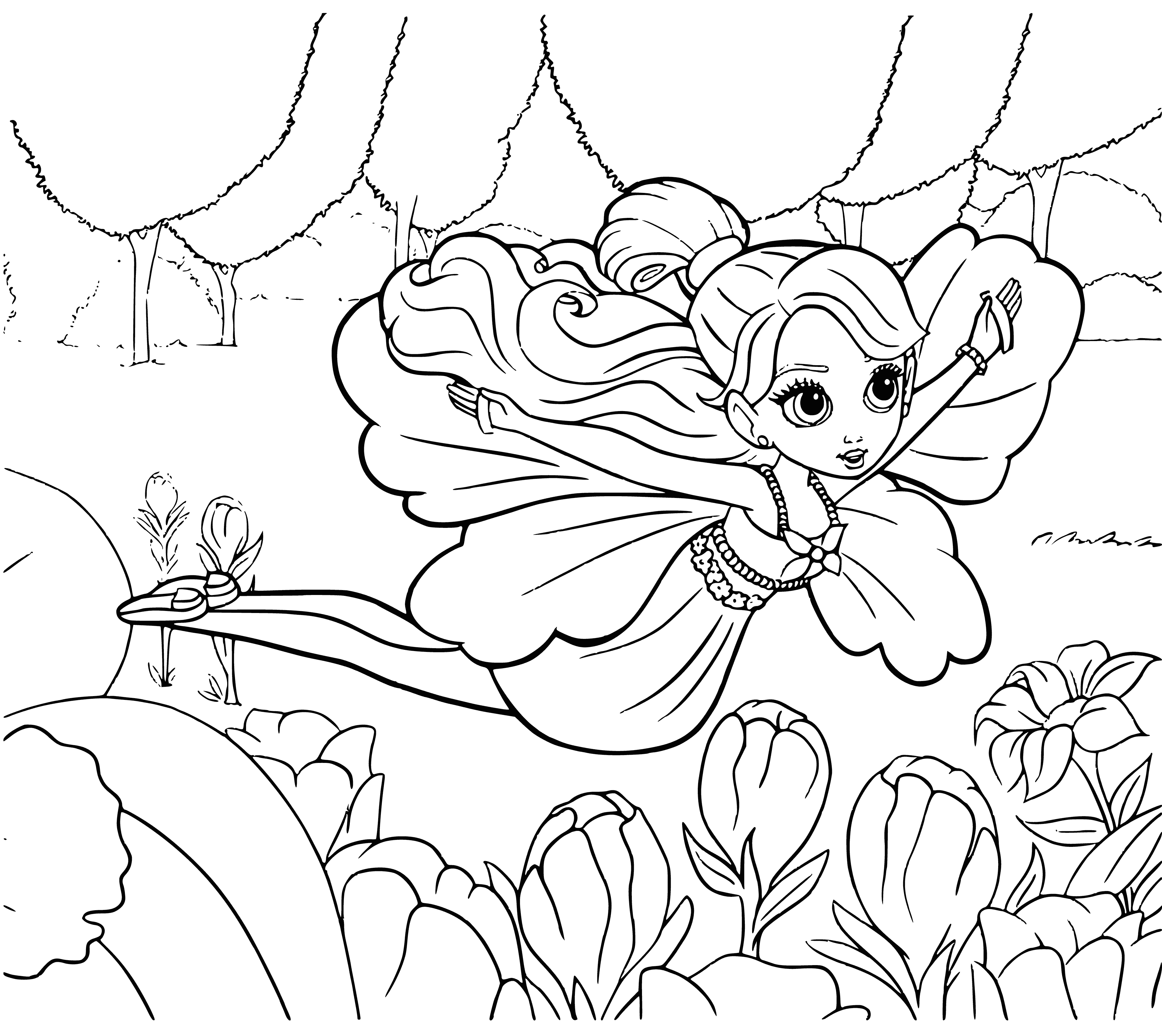 coloring page: A blue fairy with long blonde hair and a purple dress playfully flits through the air with her translucent wings.