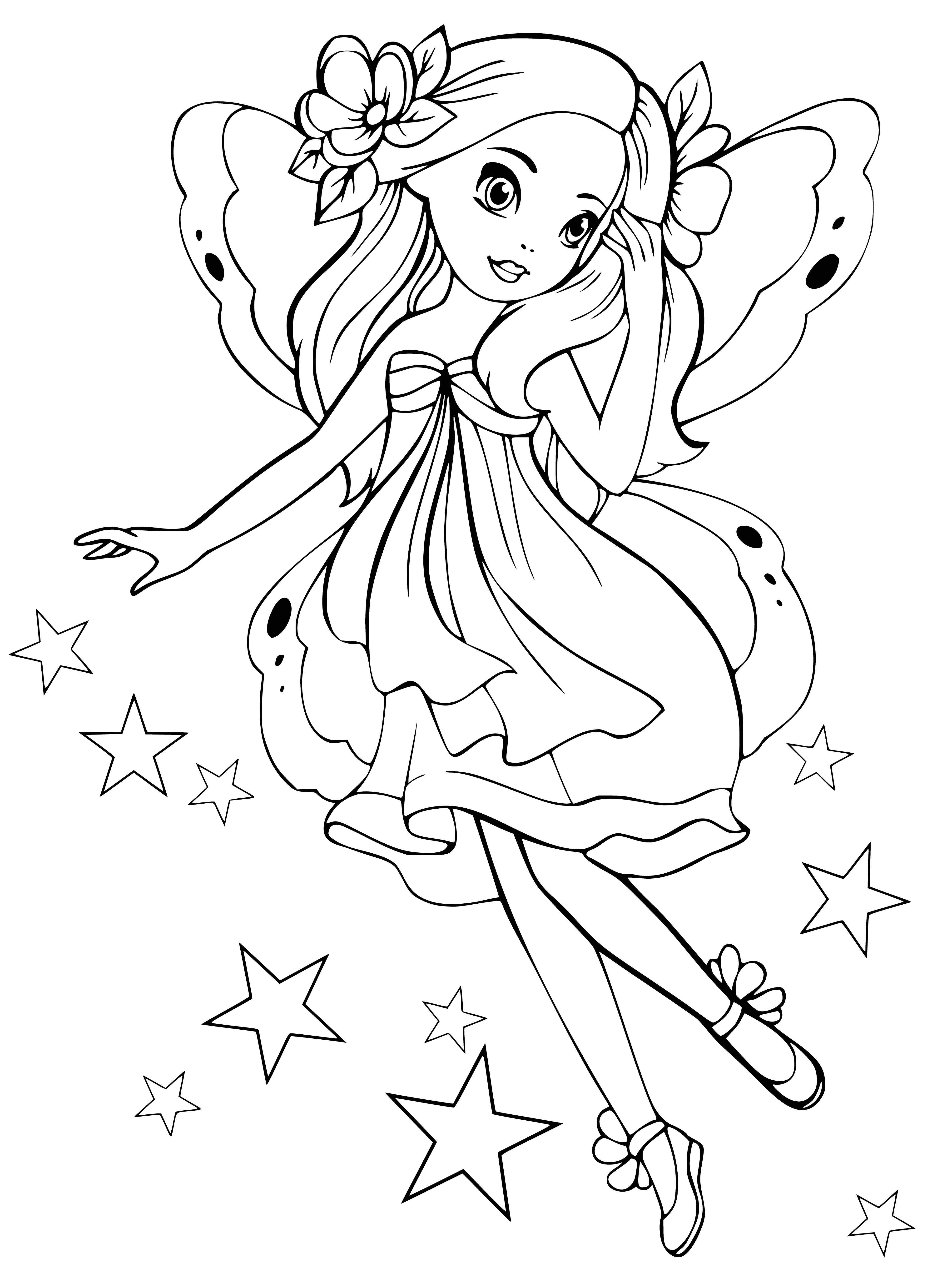 coloring page: Alfons Mucha's gorgeous art: three music-playing elves, dancing fairies, and a starry night sky!