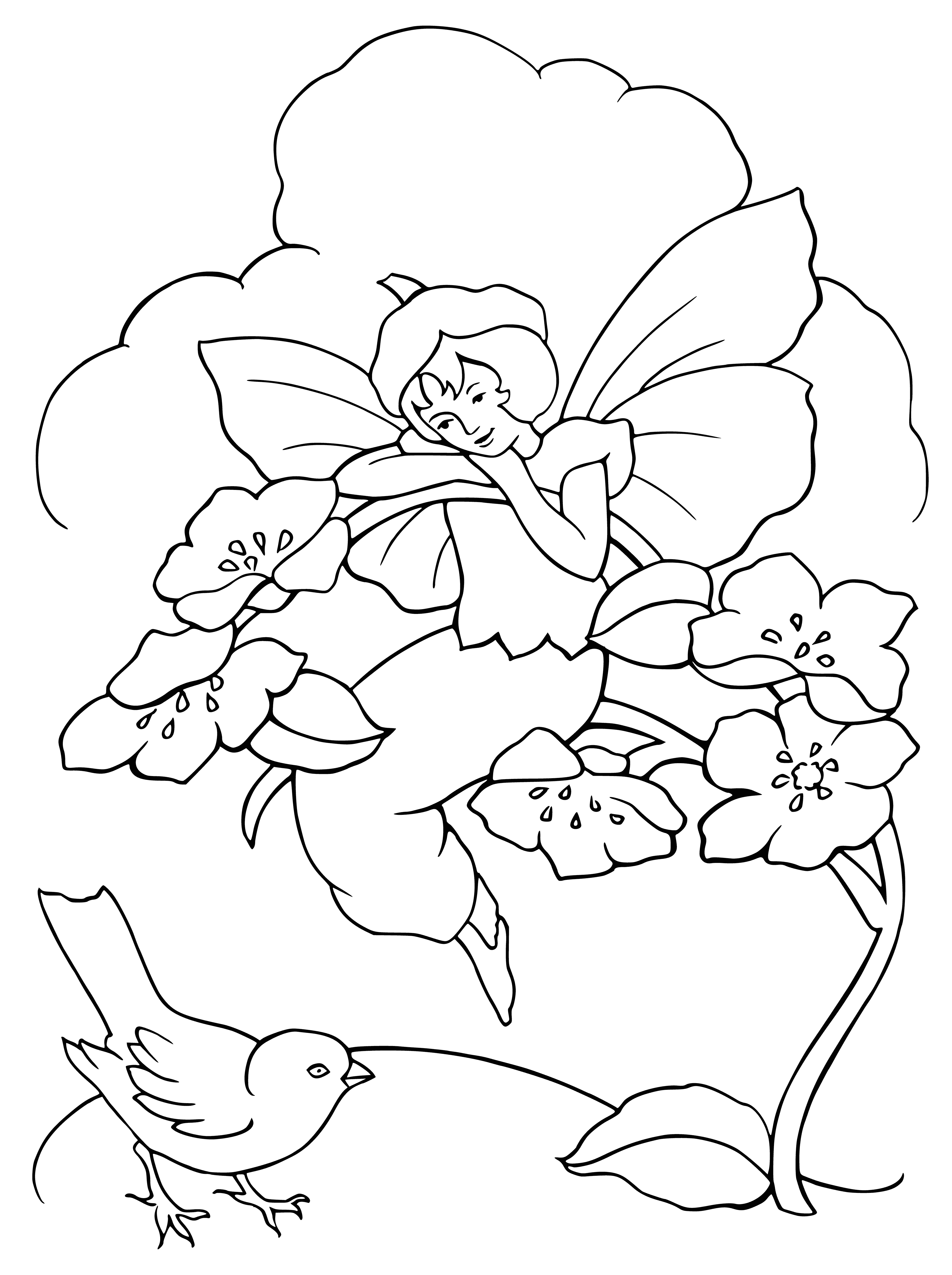 coloring page: Elf girl admires nature; sits on a stump, hair in curls, dress w/ flower print. Butterfly on her hand; trees & flowers in background.
