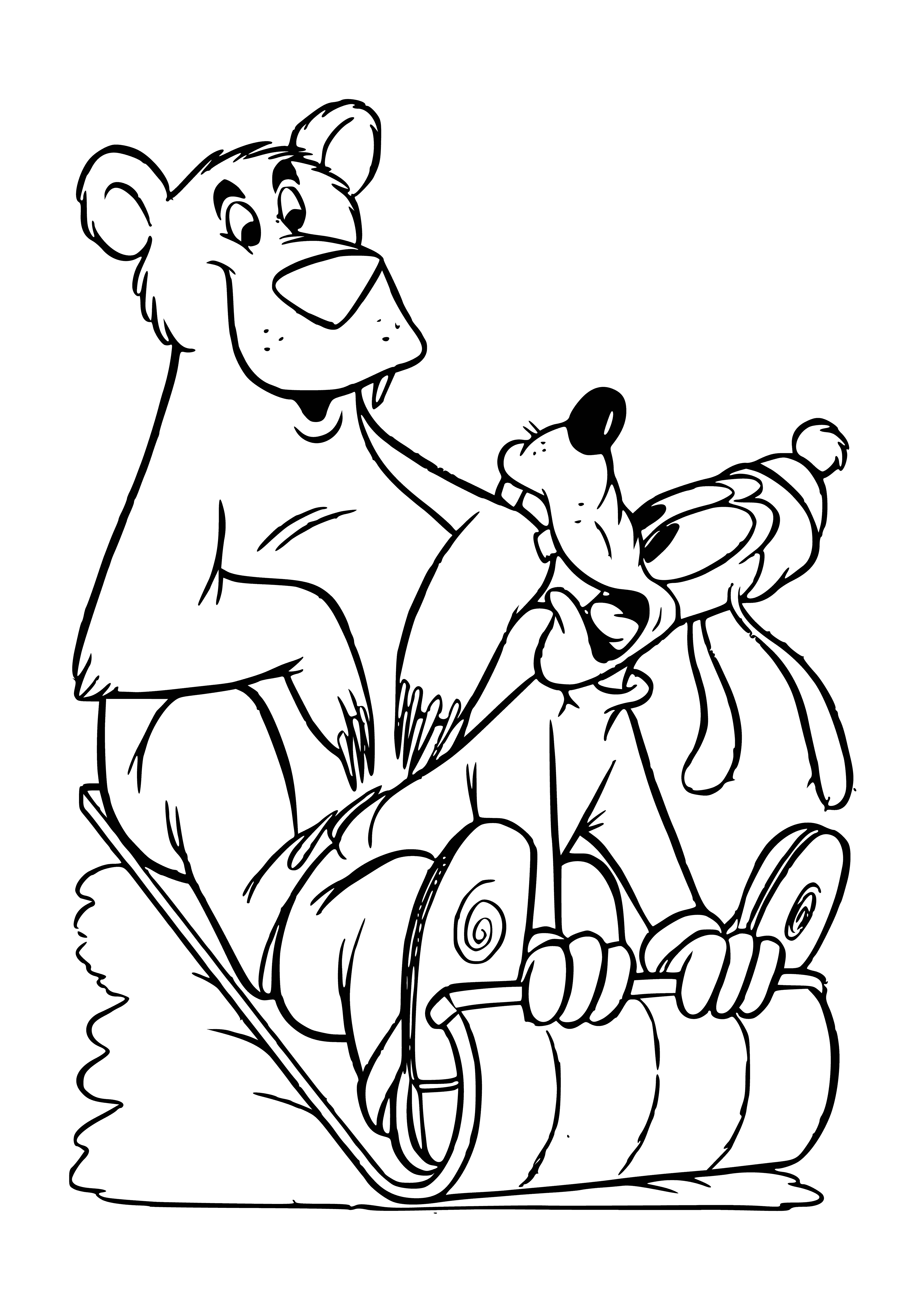 coloring page: Mickey, Donald, and Goofy sled down a hill with winter gear on, having fun!