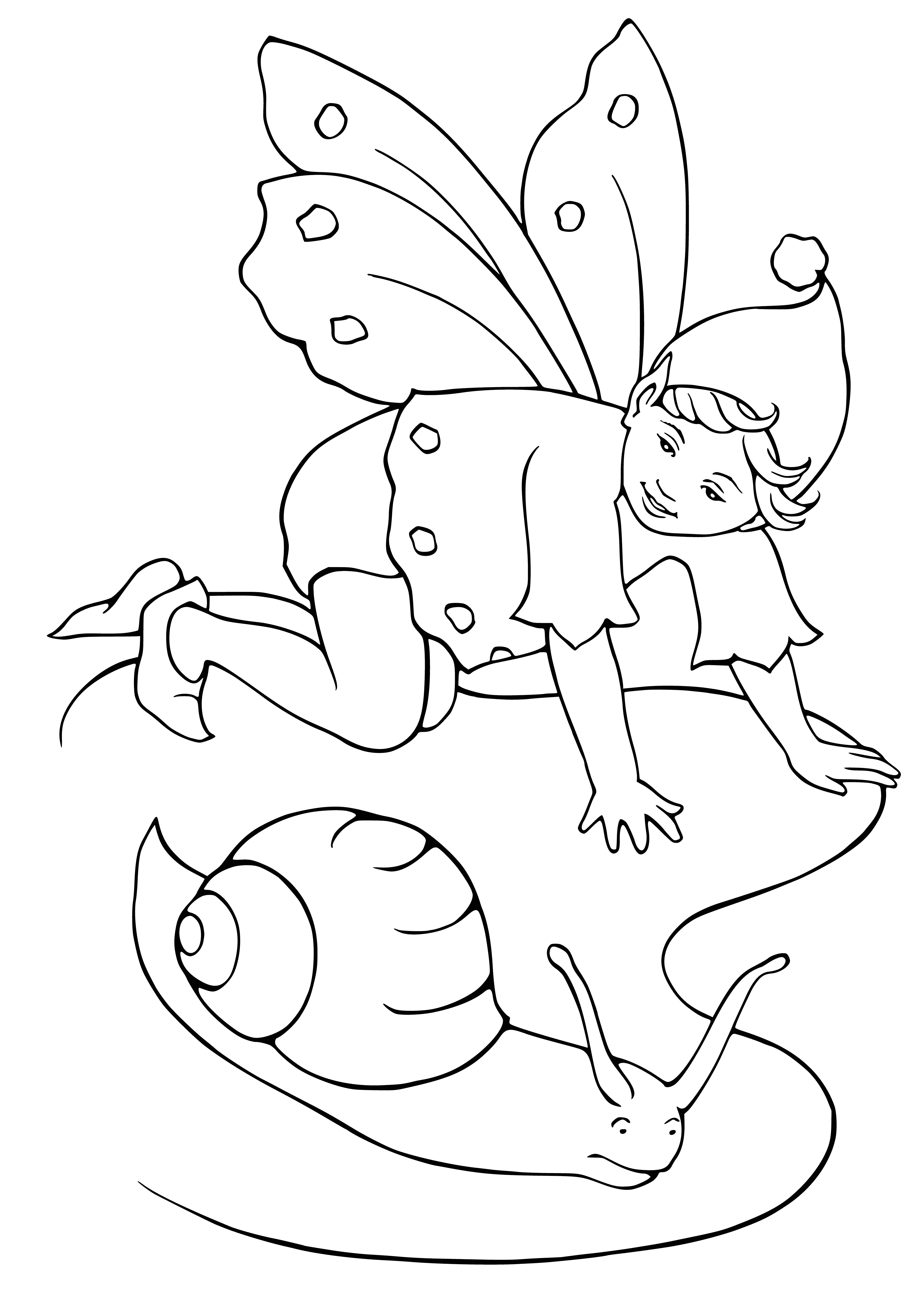 coloring page: Elf in green tunic watching a snail crawl slowly. Wonderment in his eyes. A peaceful scene. #ColoringPage