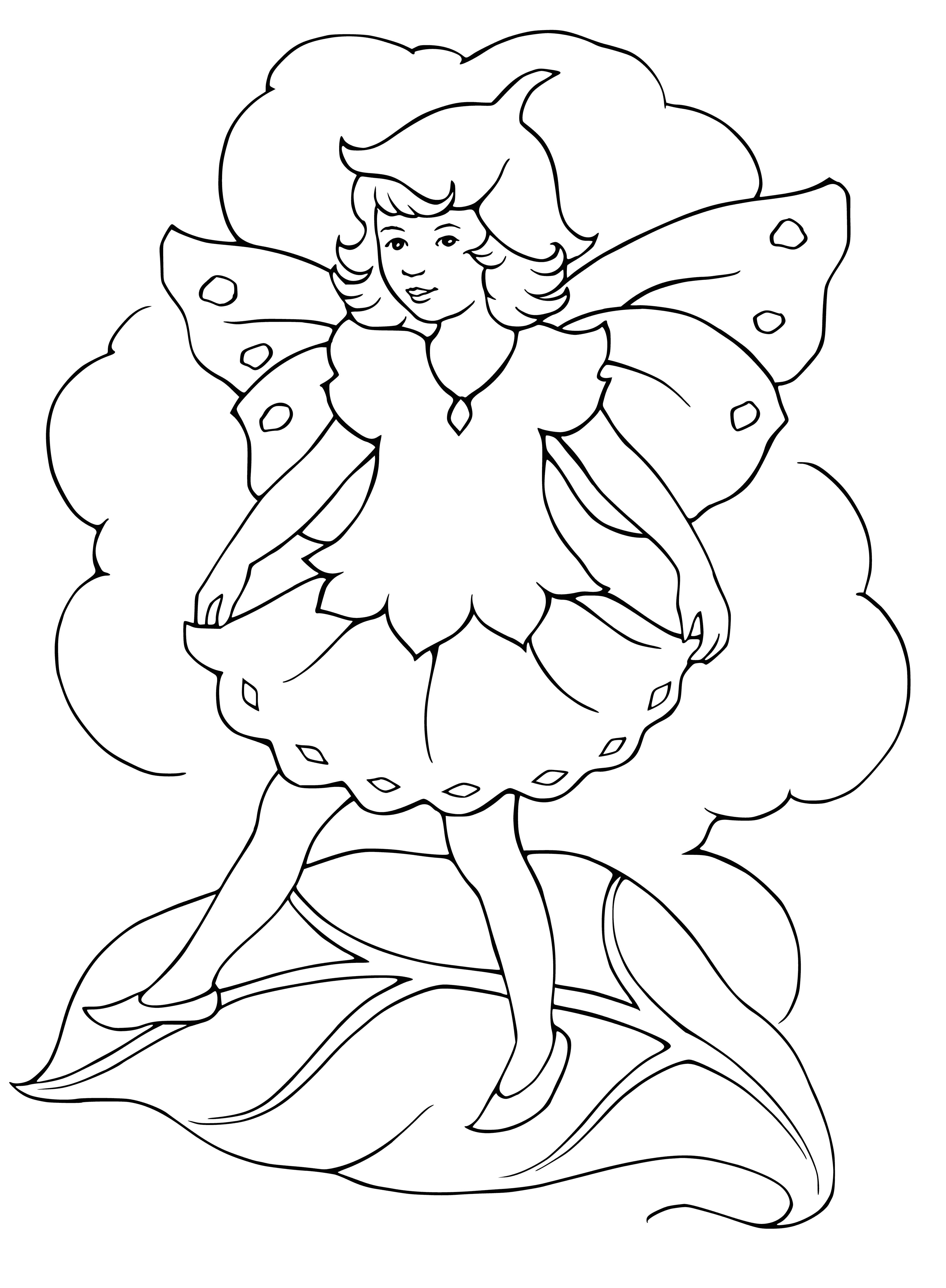 coloring page: Fairy girl dances on a leaf, in green dress with wings.