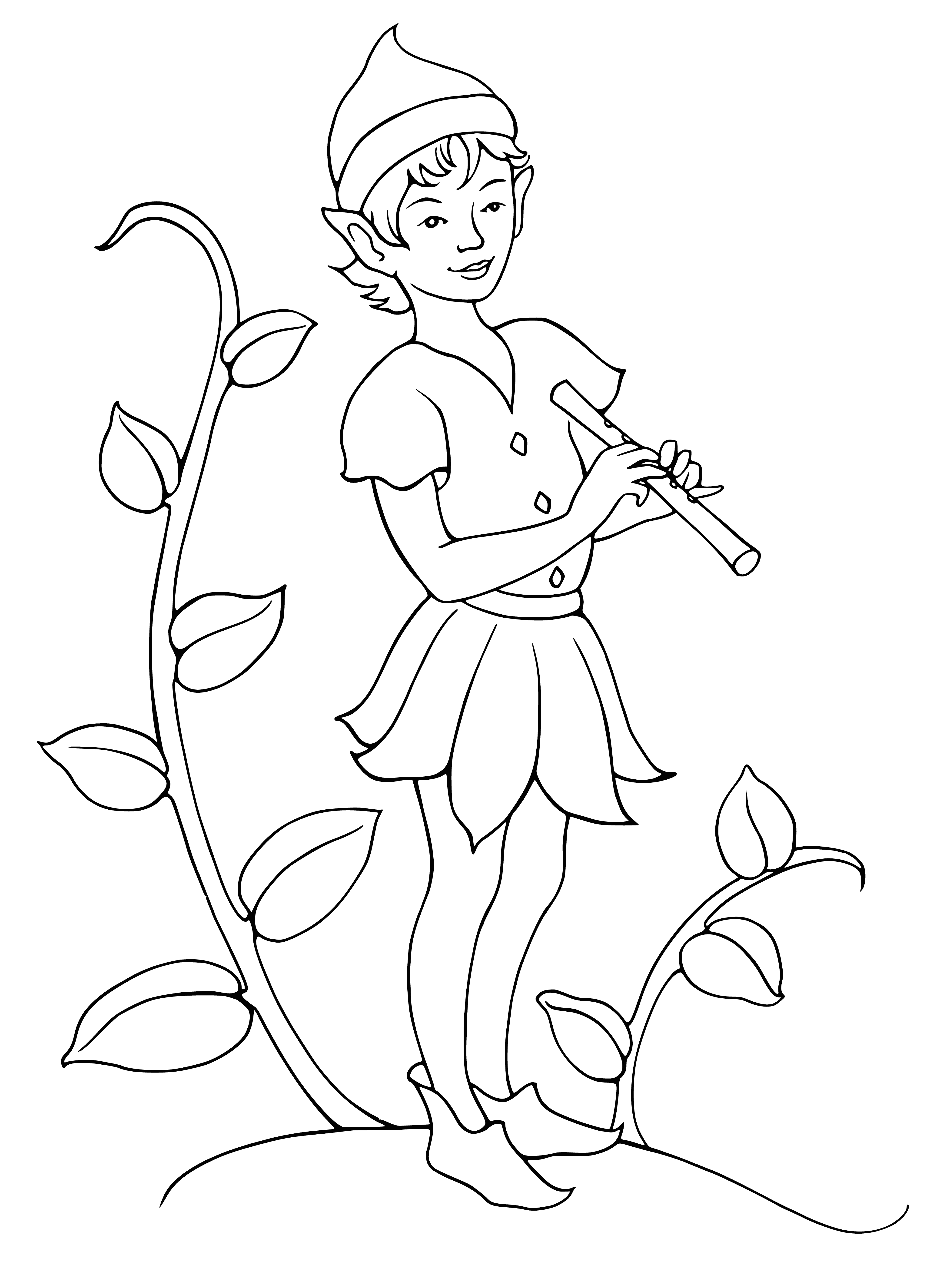 Elf boy with a pipe in his hands coloring page