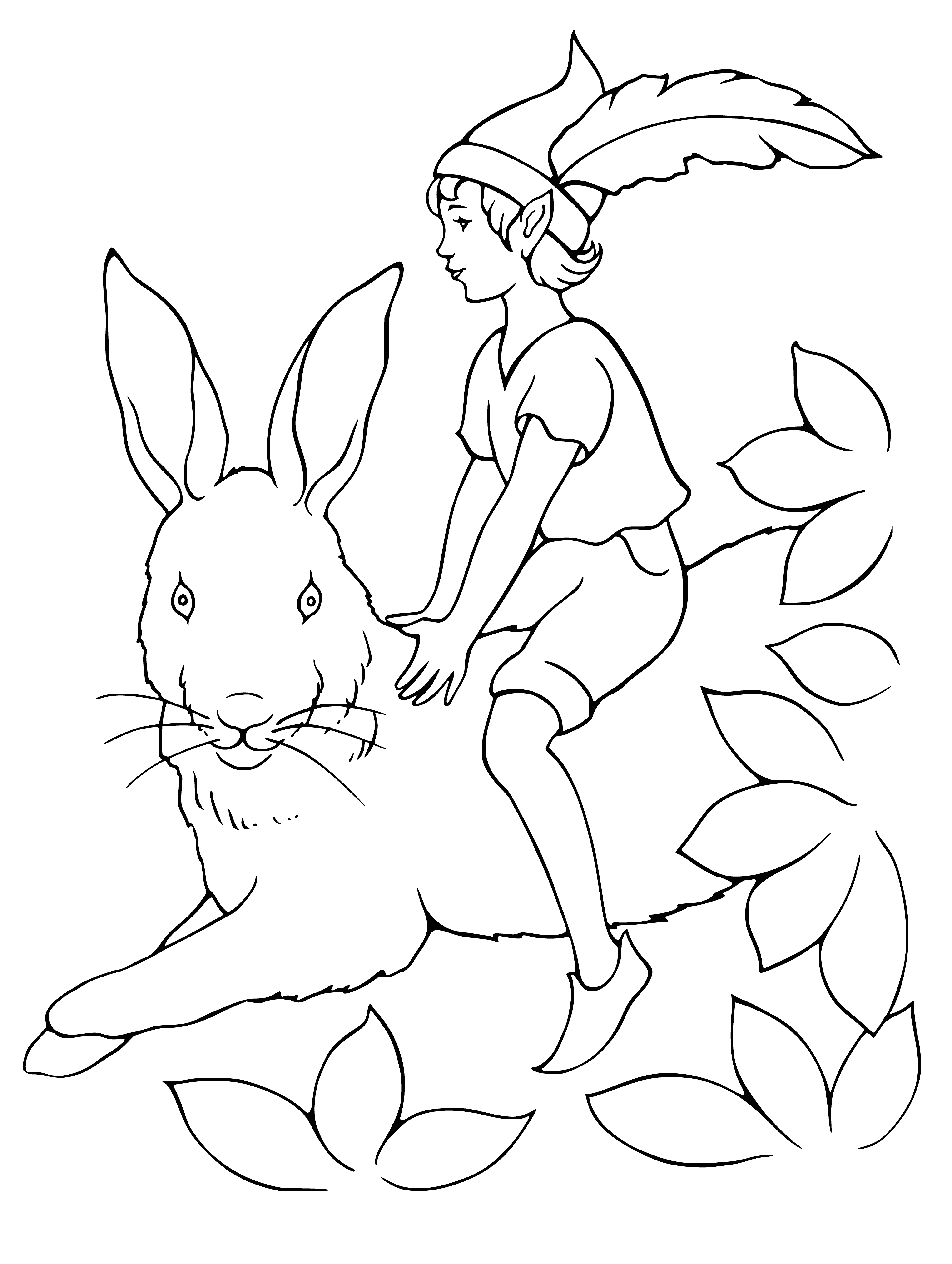 coloring page: Elf riding a spotted hare, wearing a tunic, belt, purple cape and carrying a bow and arrow.