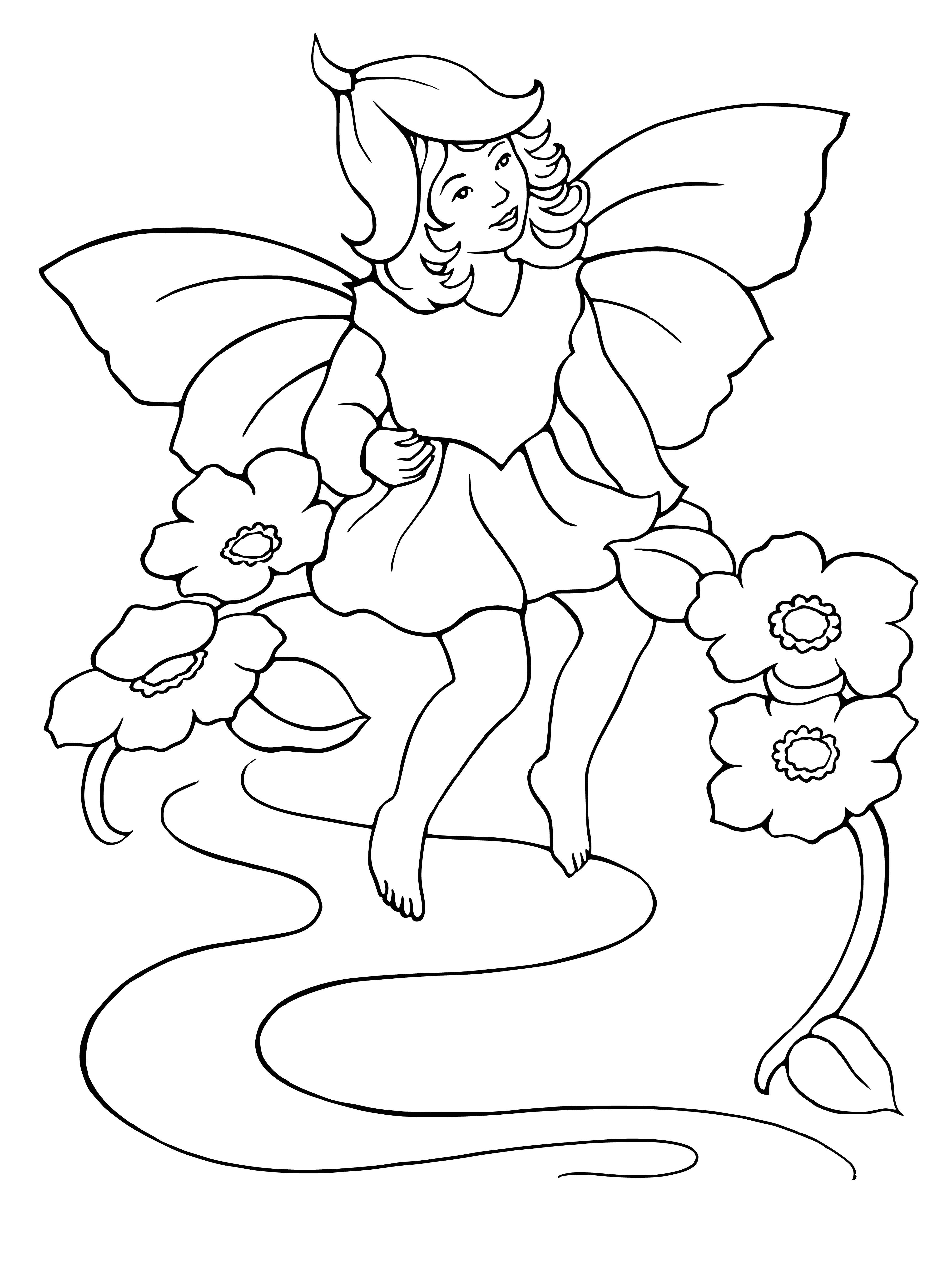 coloring page: Elves & fairies have a laugh on a mushroom & flower. They seem to enjoy each other's company. #coloringpages