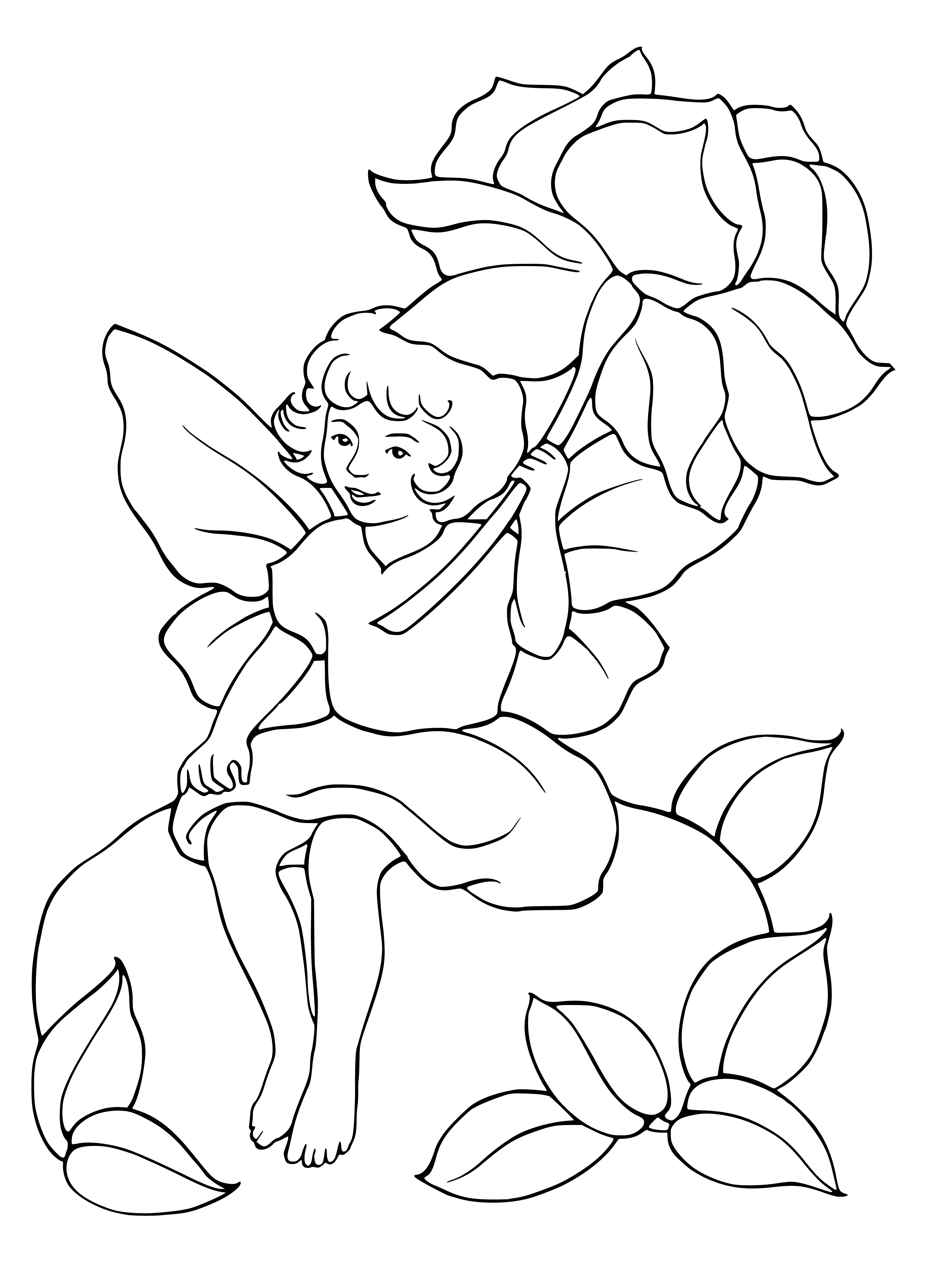 Fairy under the flower coloring page