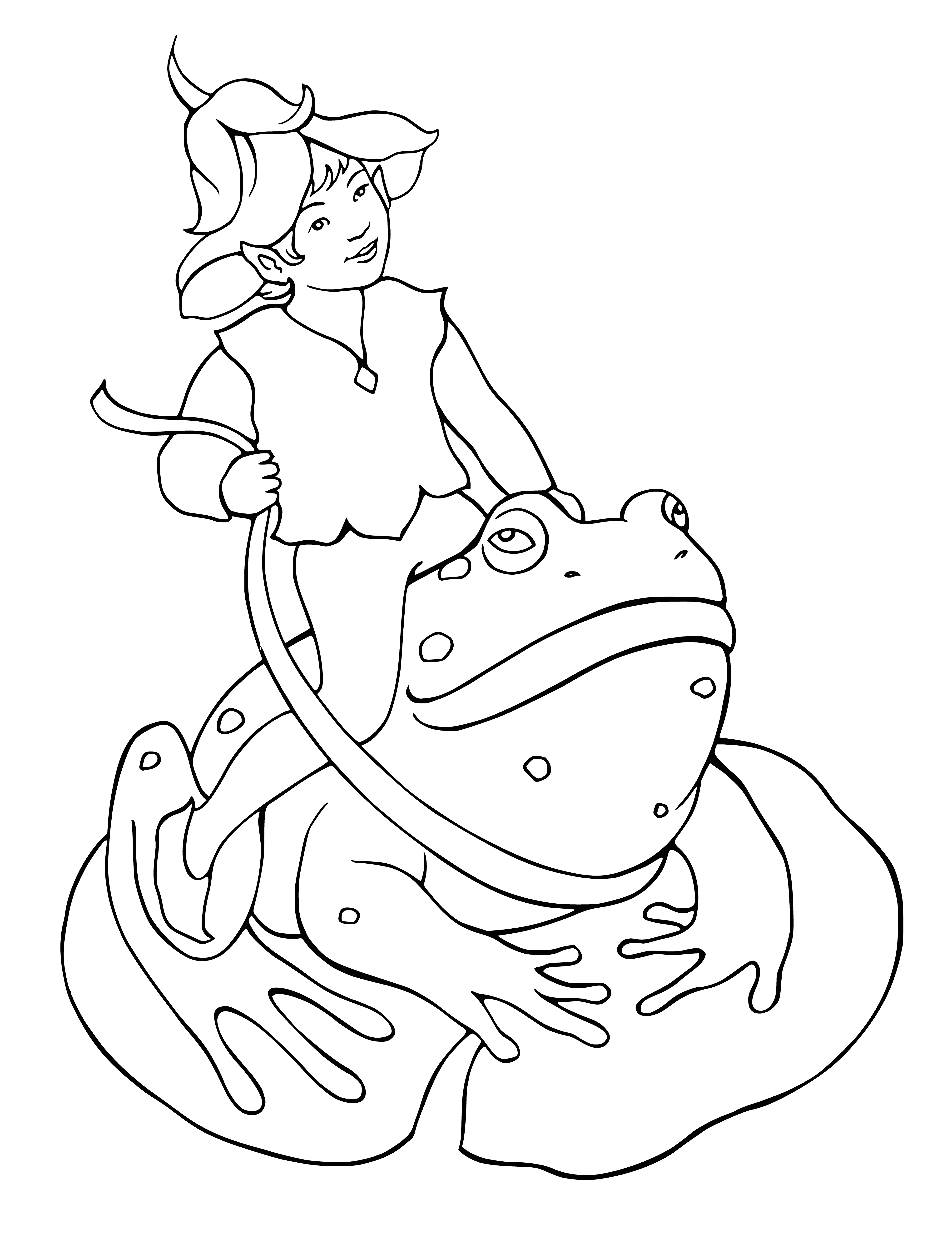 coloring page: Elf riding toad, waving and happy. Toad a different color with spots.