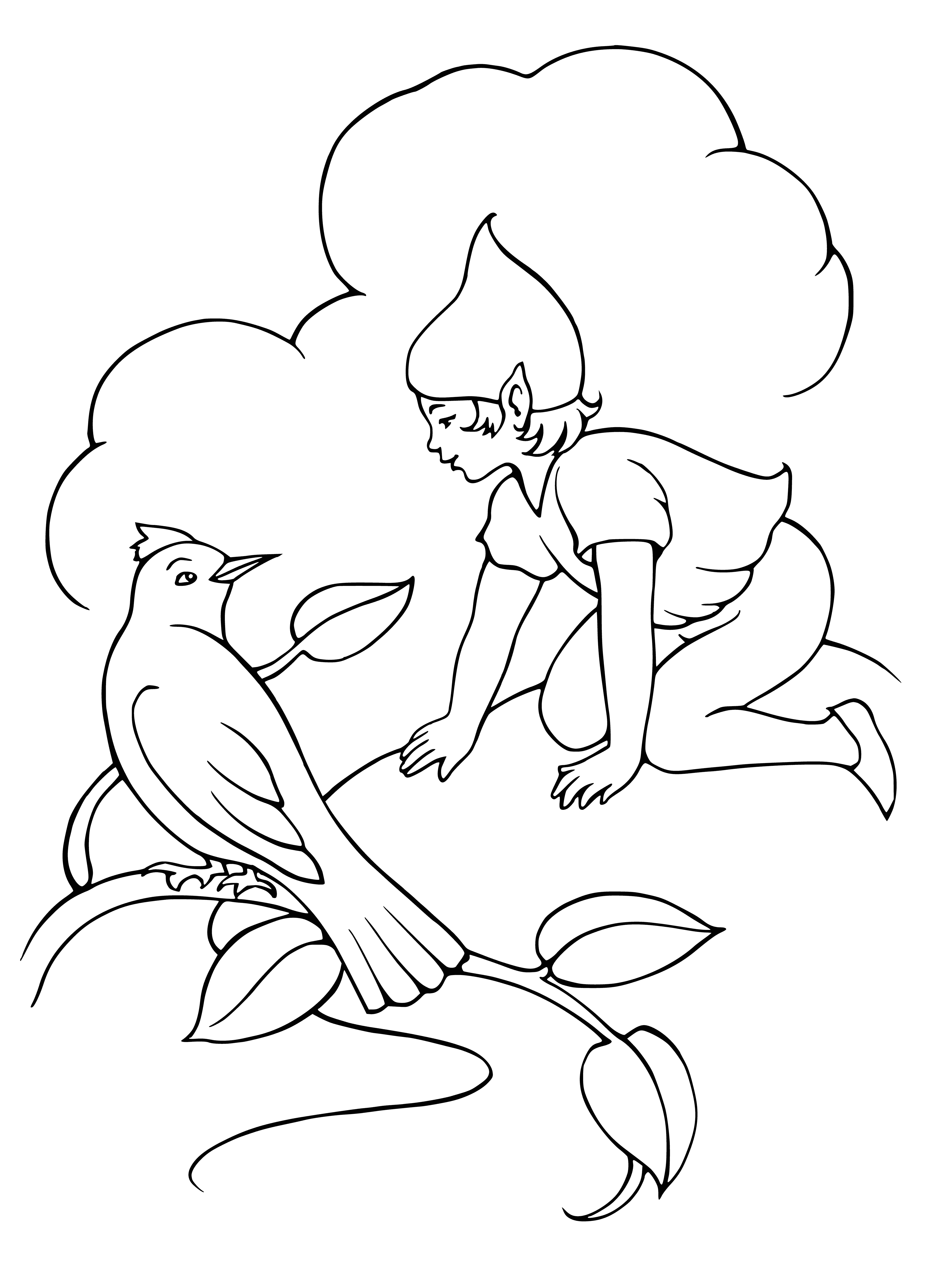 Elf talking to a bird coloring page