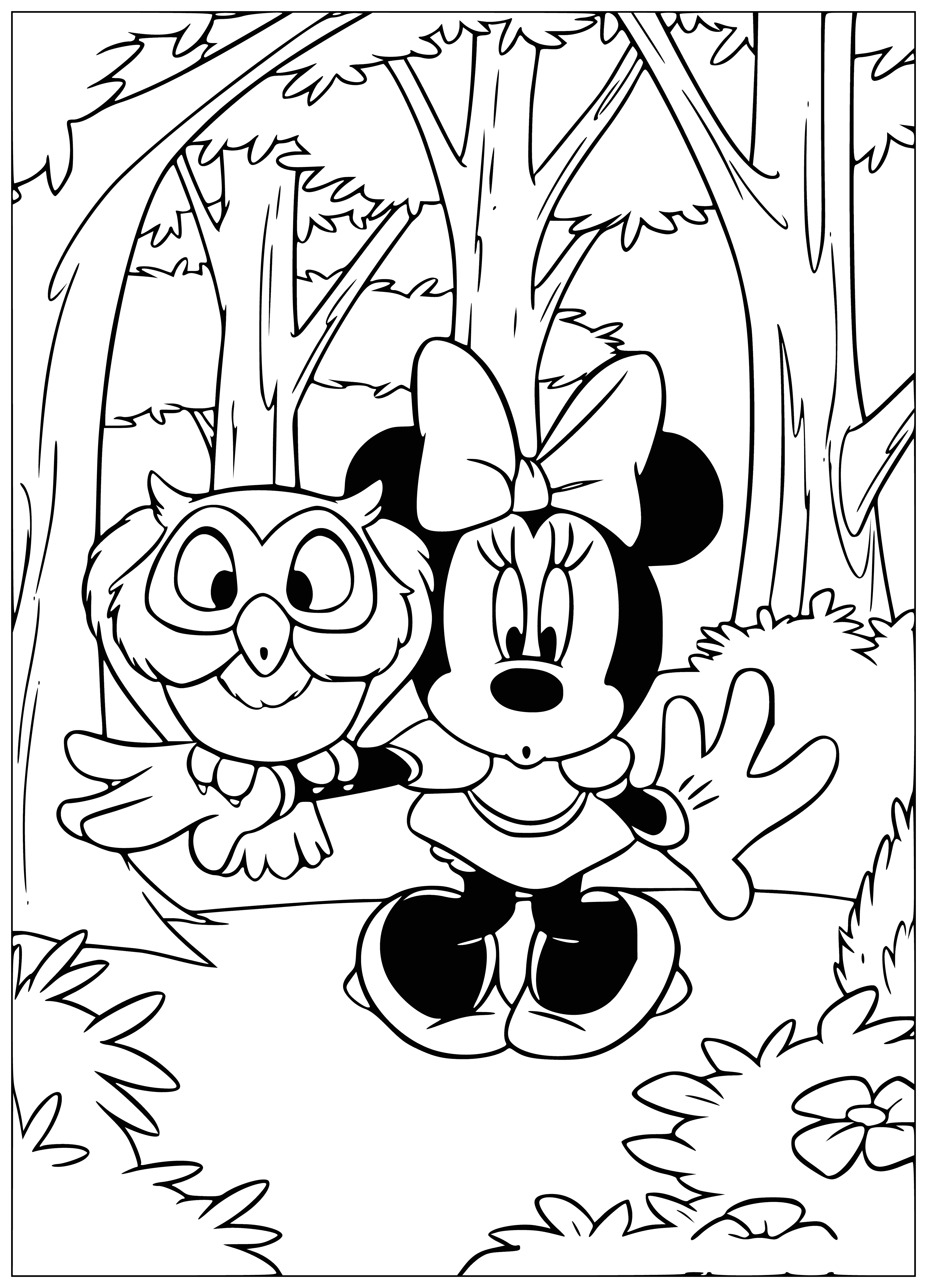 coloring page: 3 mice in coloring page: Mickey, Minnie & Goofy, each with their own ear/nose & holding items, in a forest w/ trees & bushes.