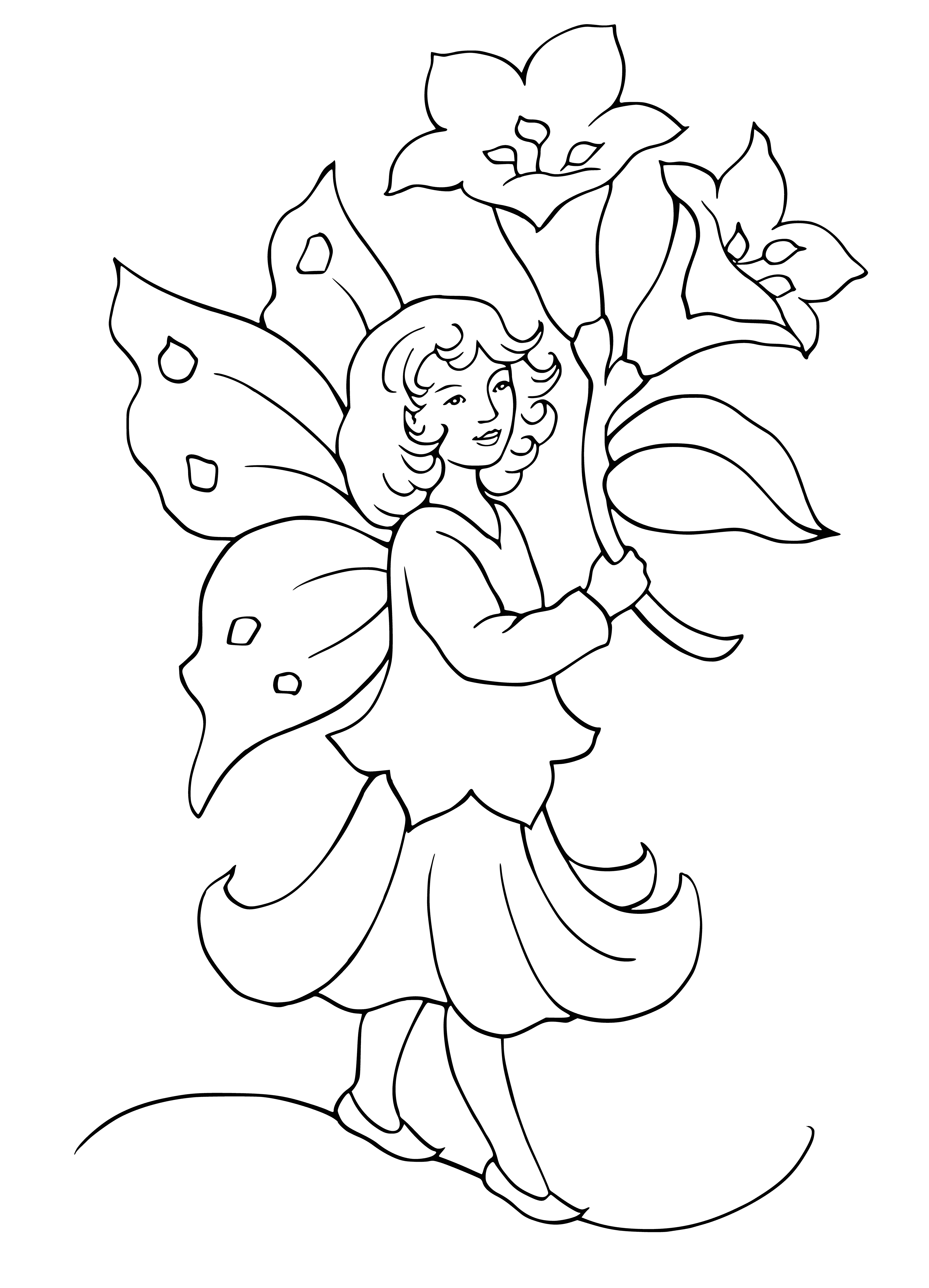 coloring page: Girl in white dress with wings surrounded by sparkly fairies or elves, admiring her.