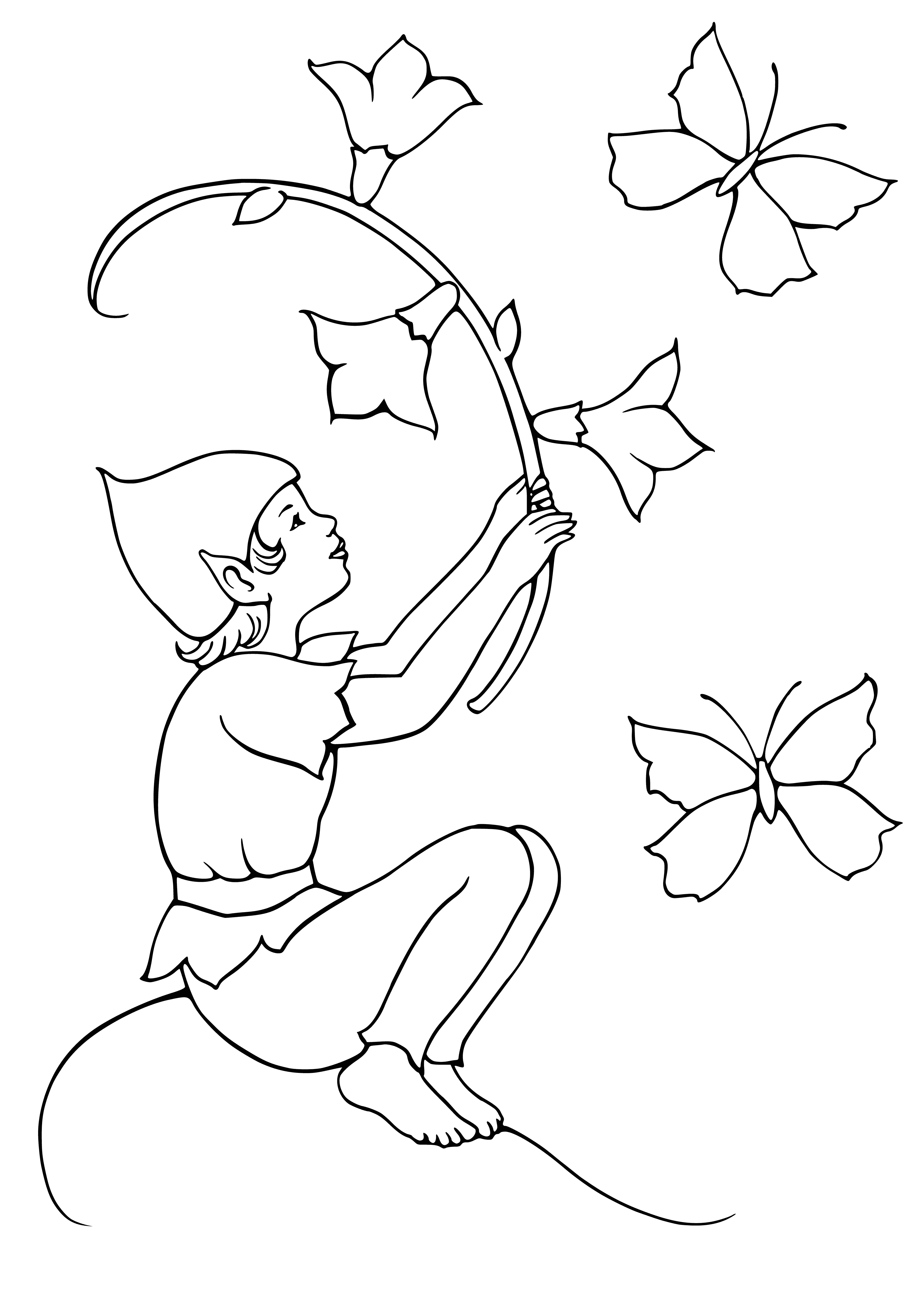 coloring page: Elf wearing green and brown is playing with bells and giggling, while fairy in purple with wand is casting a spell behind. #magic