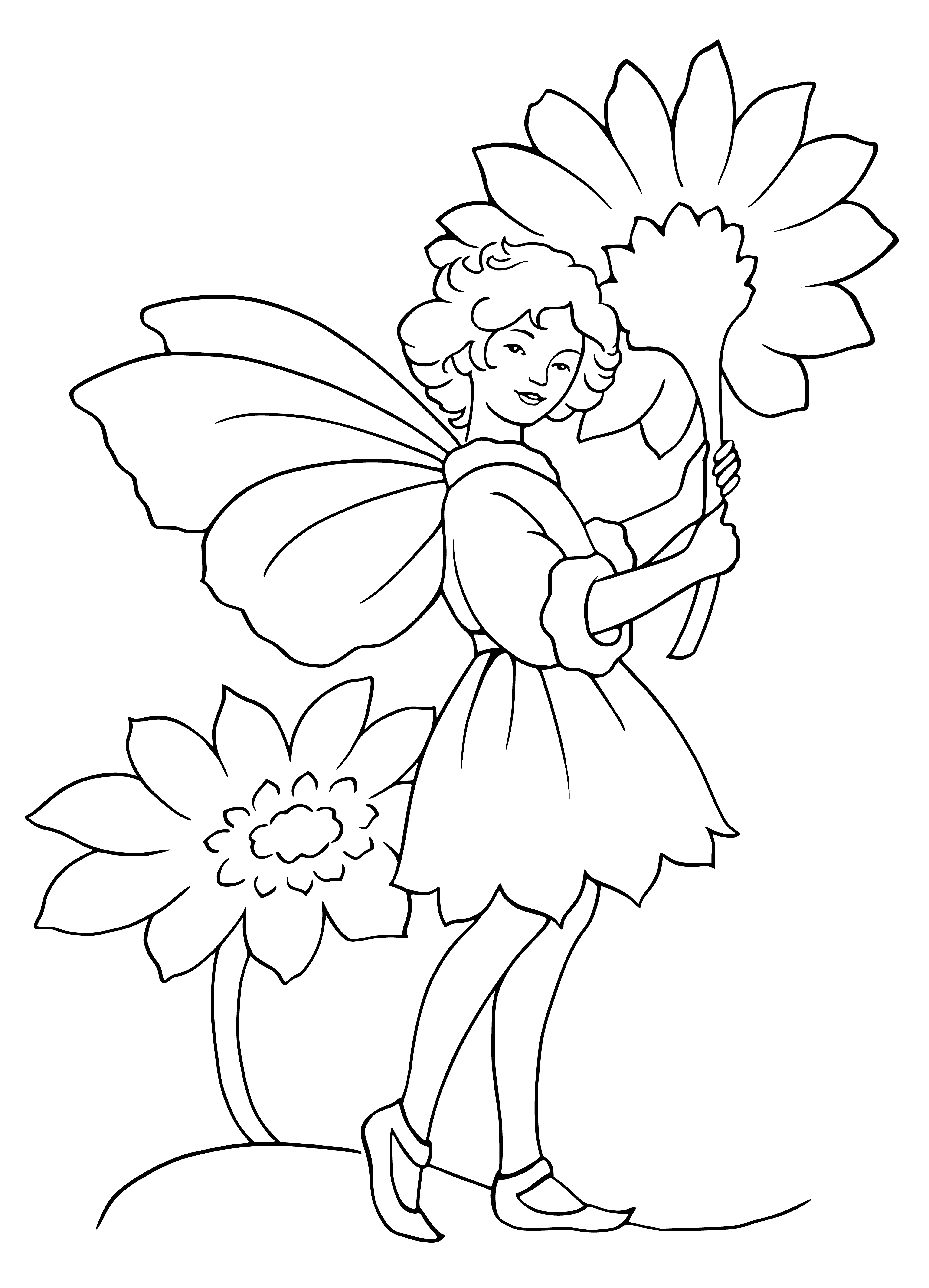 coloring page: A fairy with pink flower wings, dressed to impress.