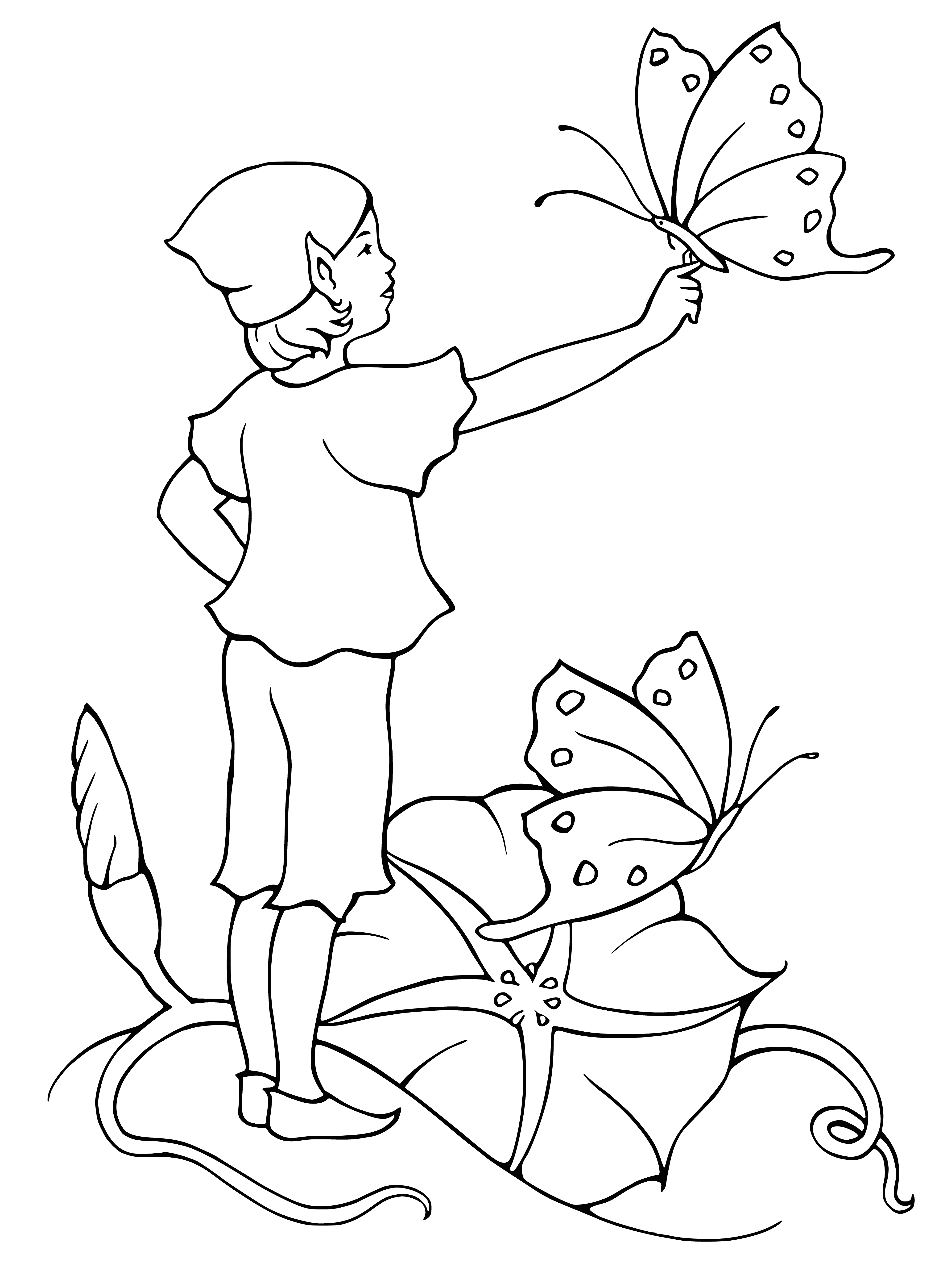 coloring page: Elf enjoying butterflies in a field of flowers, dressed in light blue dress with white accents. Serenity radiates from her expression.