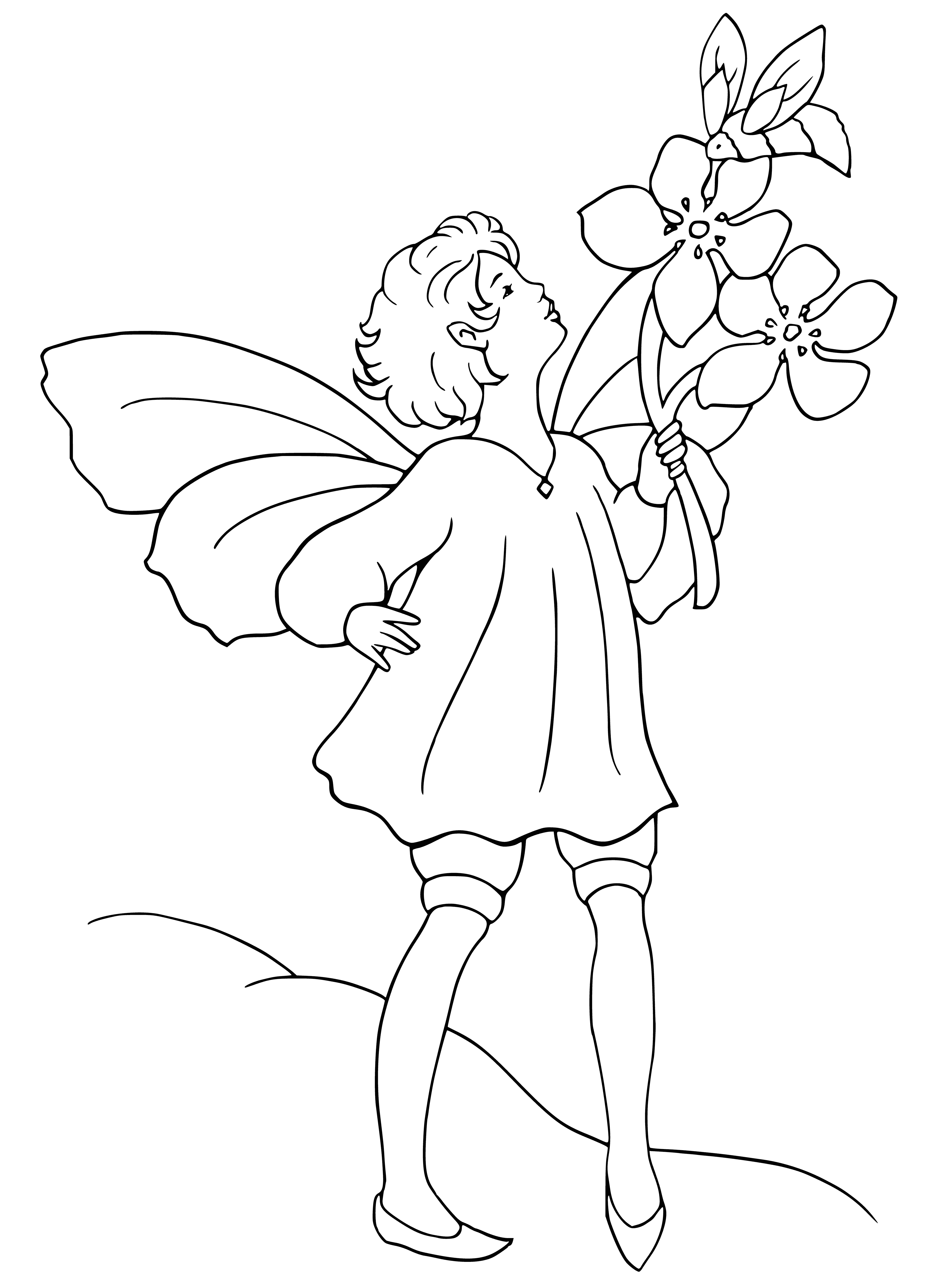 coloring page: Elf boy wearing green tunic, brown belt & bag, holding a staff on a log with pointed shoes.