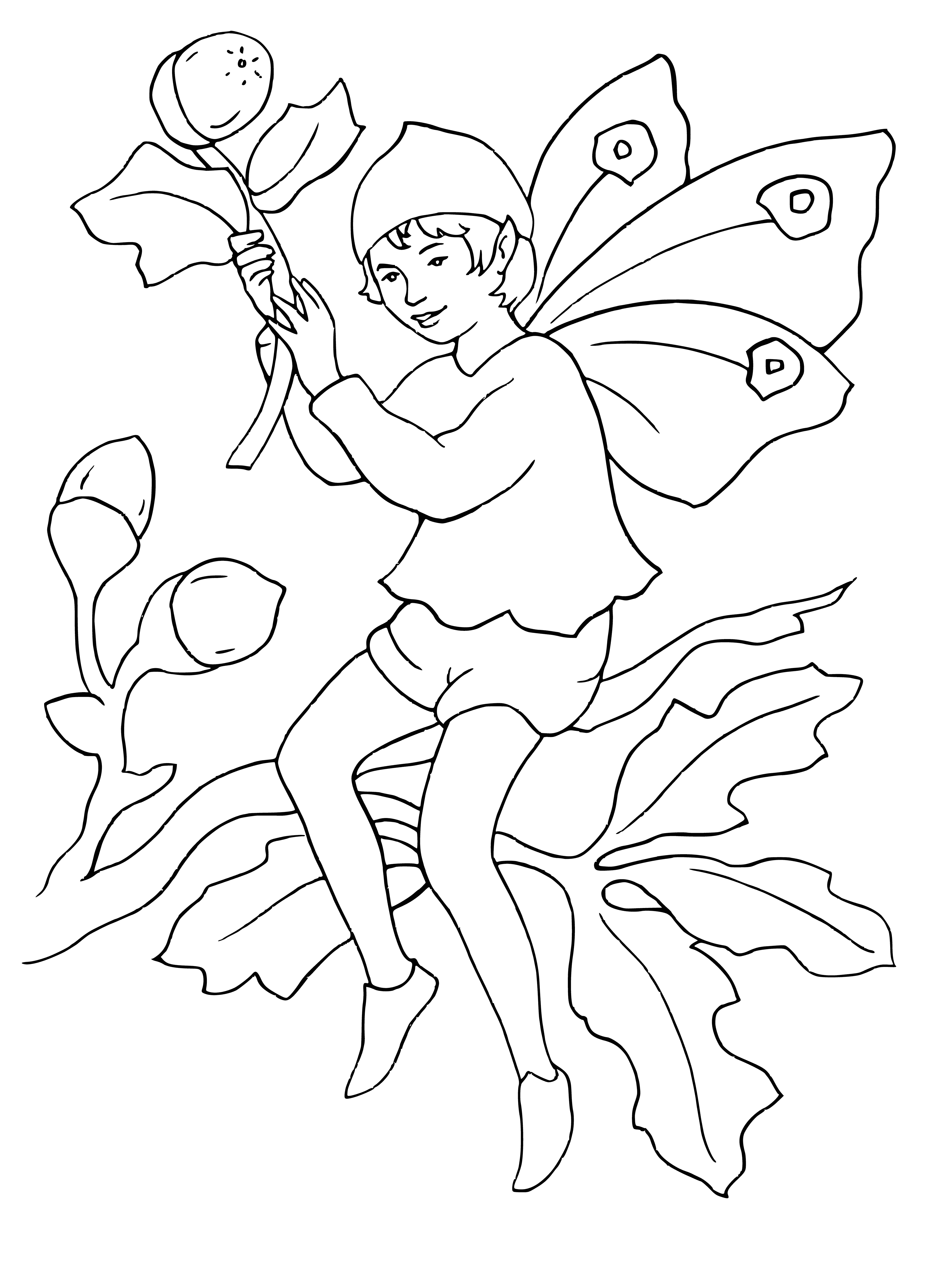 coloring page: Elf sits on branch, reminiscing stories & folklore; sporting a tunic, belt, tools & pouch. Pondering next adventure w/pointy ears & long, slender nose.