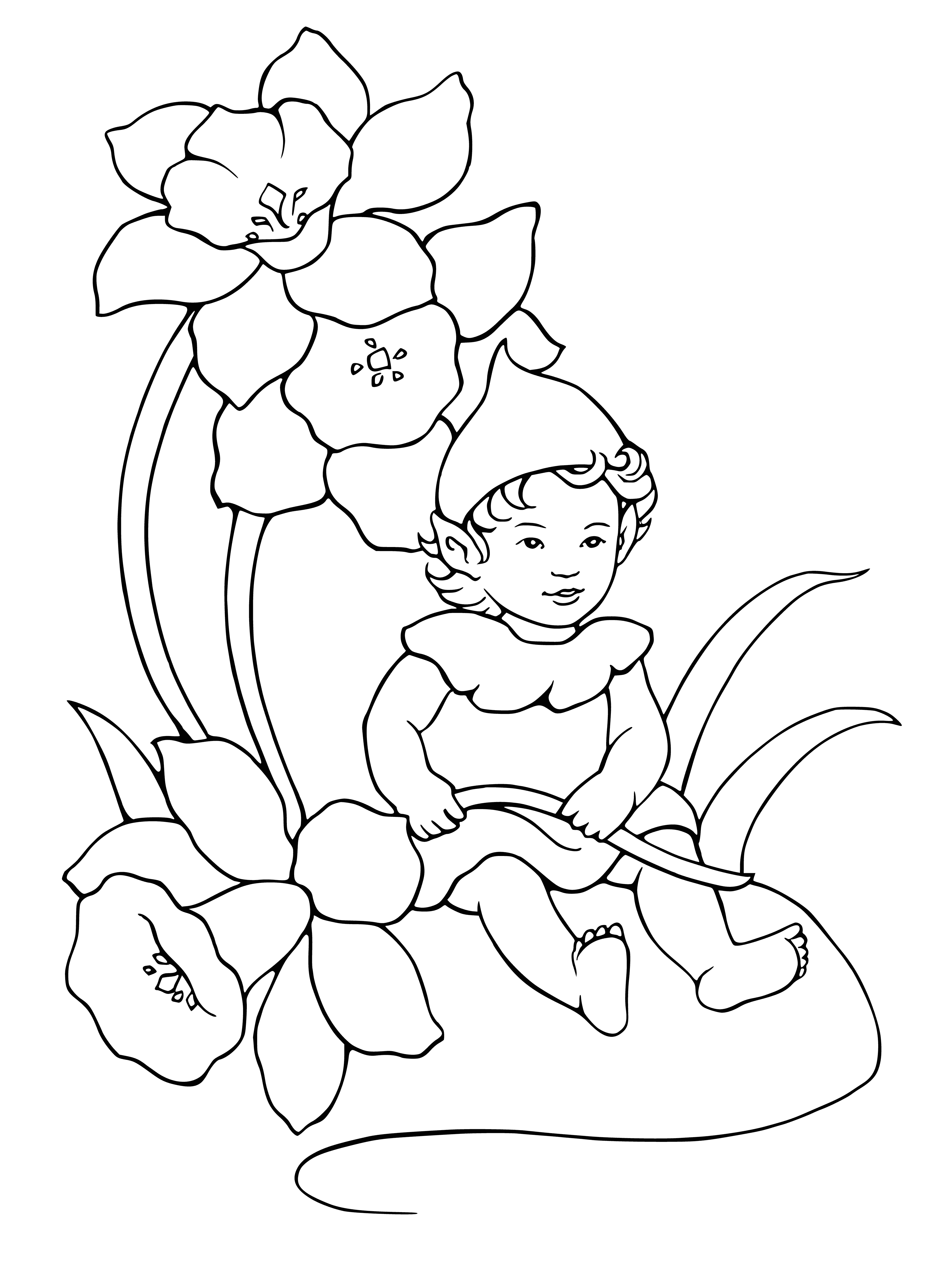 coloring page: Elves and fairies in a serene, magical setting, wearing traditional clothing and ethereal quality. #coloringpage