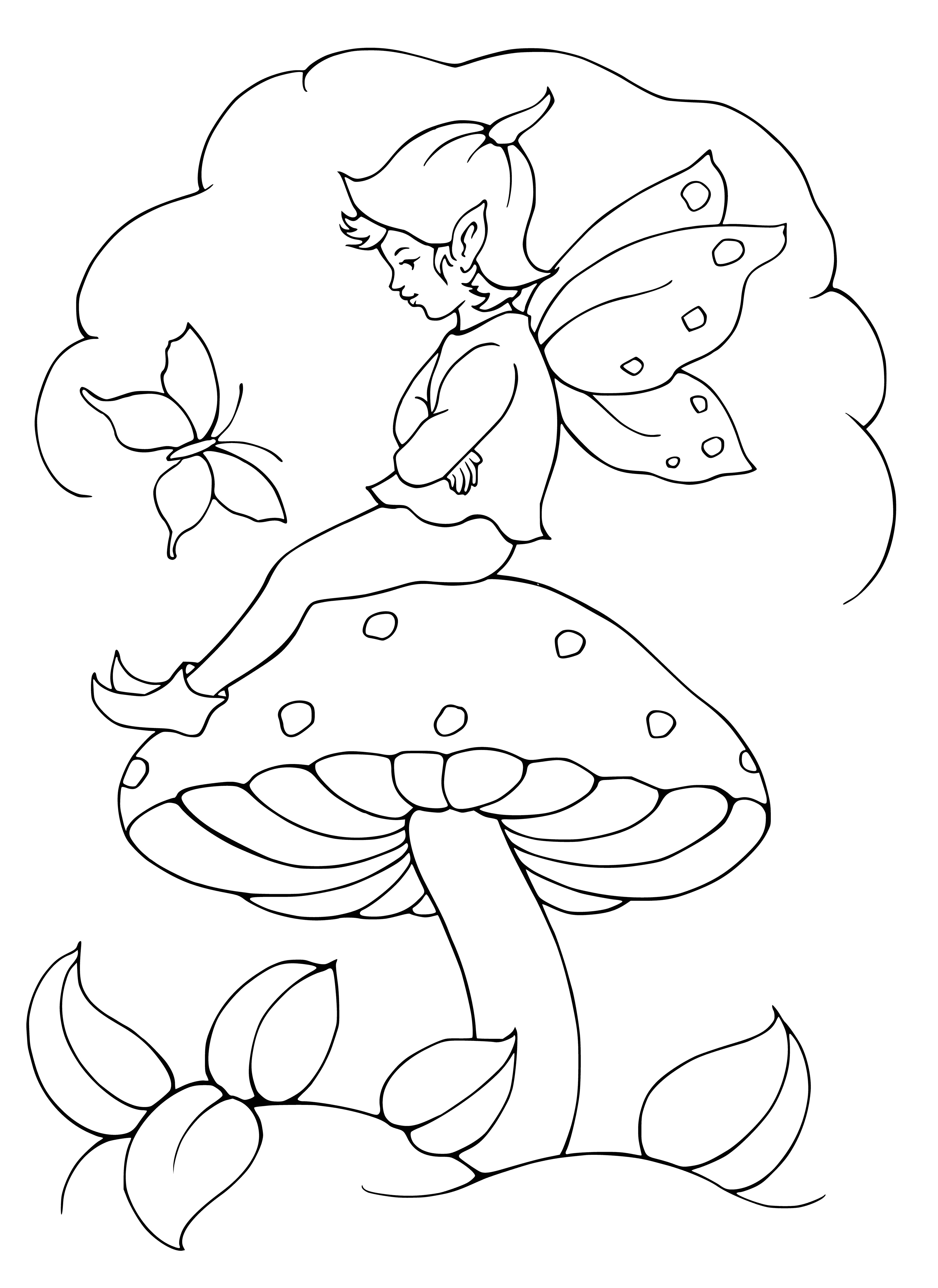 coloring page: Elf sits on a mushroom, pointy ears and long hair blowing in the wind, wearing green and brown, looks very happy.