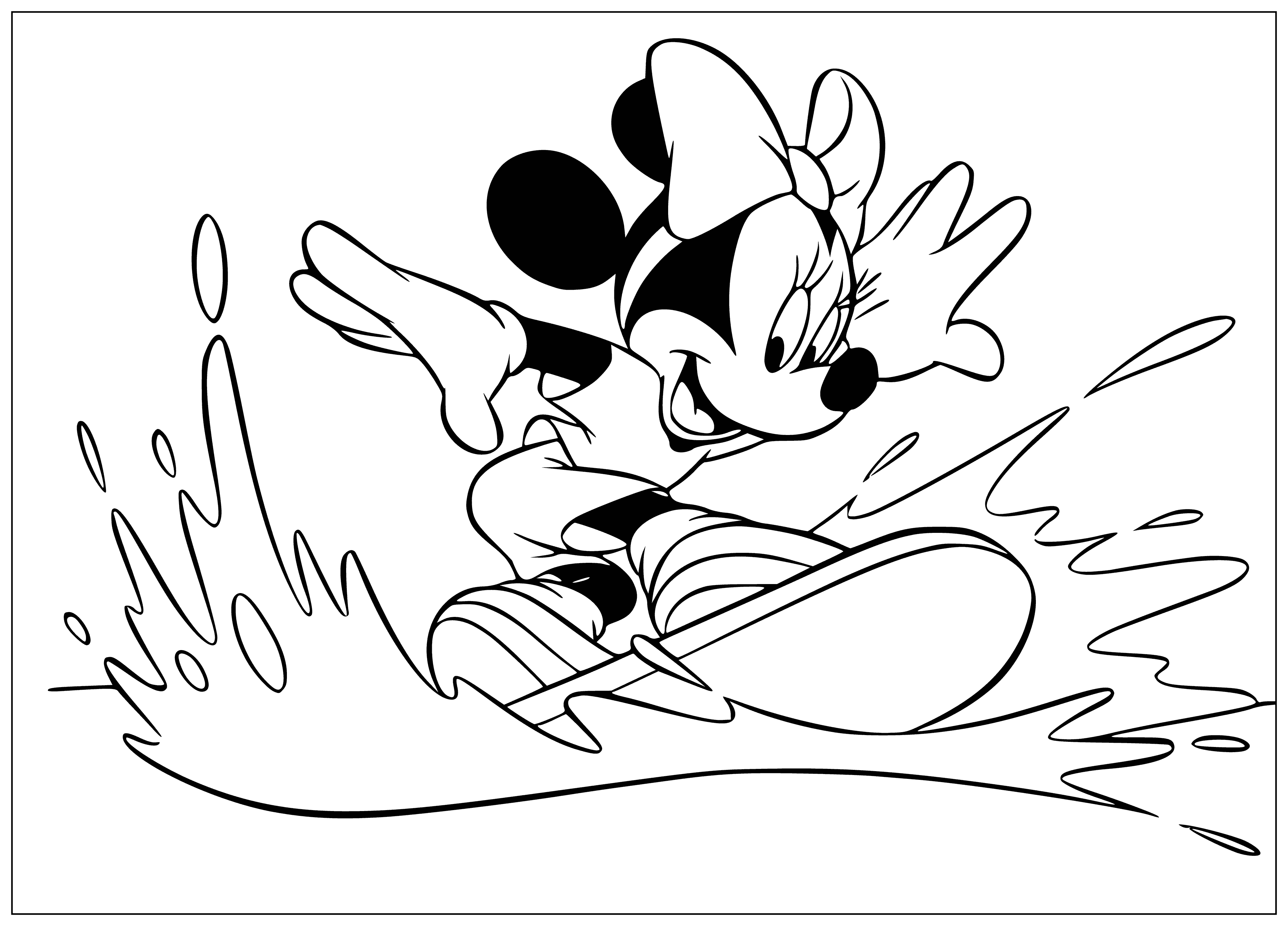 coloring page: Mickey Mouse in snowsuit & snowboard, blue scarf/hat, surrounded by snowflakes on white background.