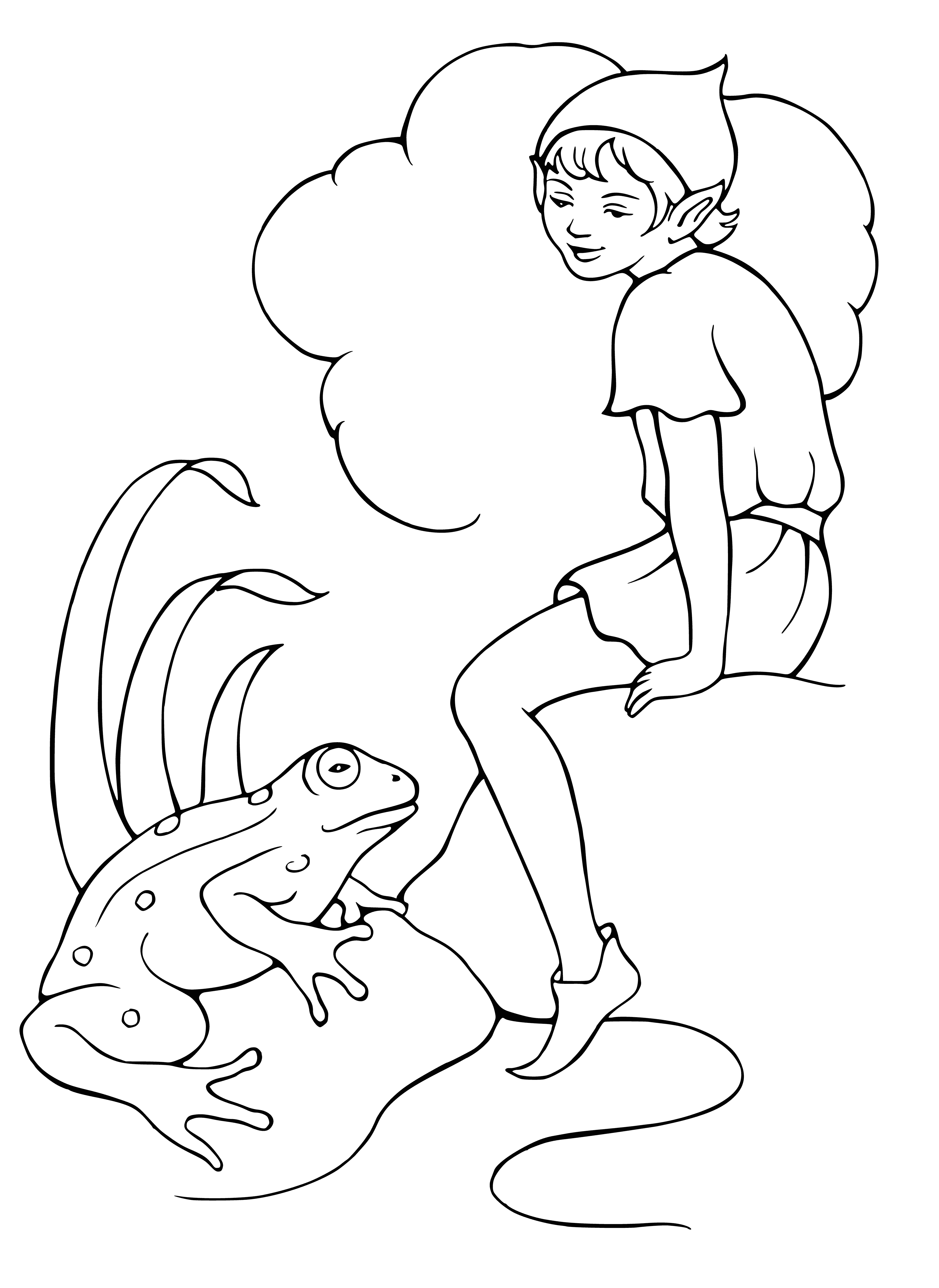 coloring page: Elf sits by water, stares. Pointy ears, green tunic.