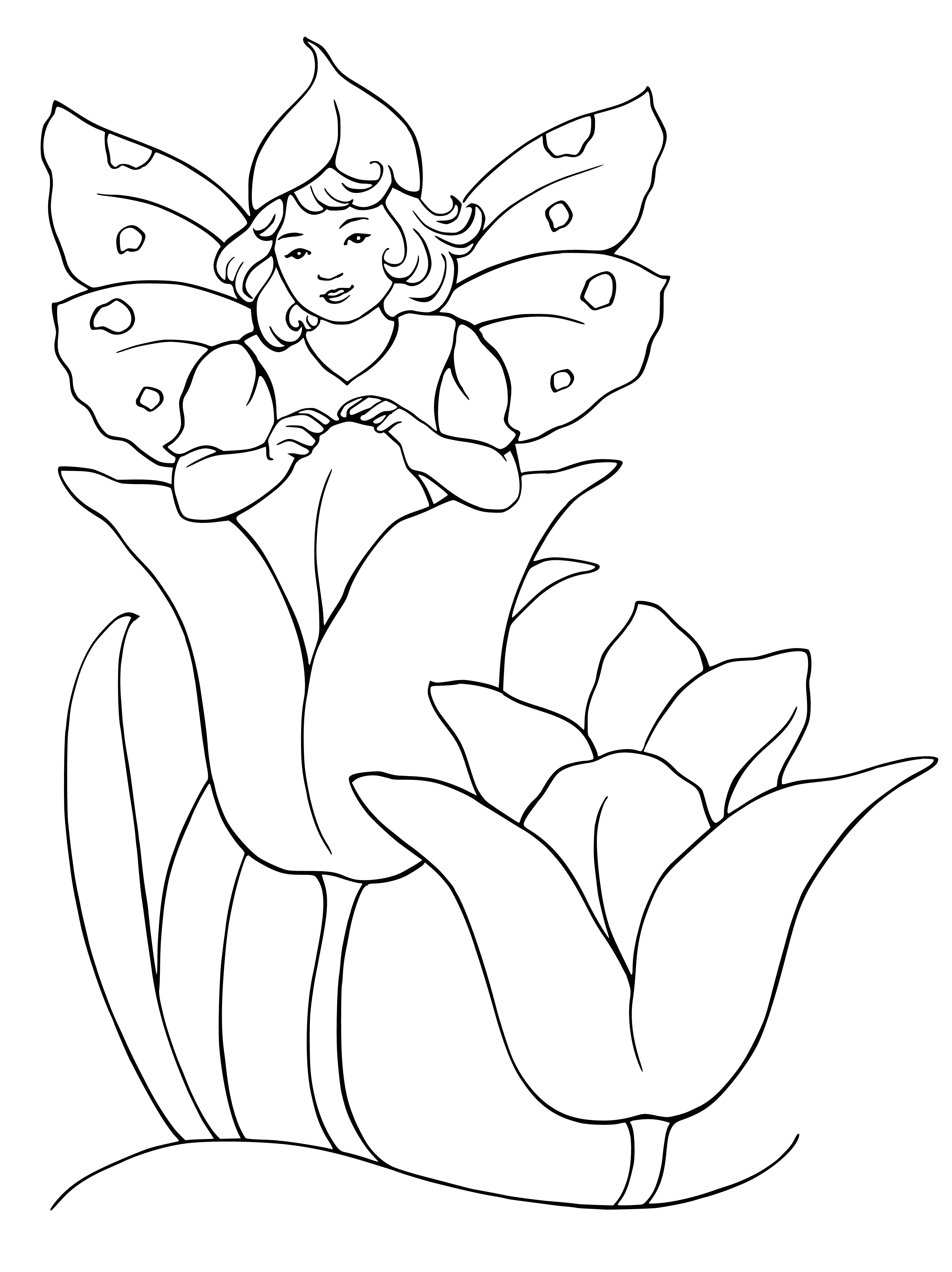 coloring page: A delicate fairy with light wings atop a large flower in a green dress and circlet, looking off to the side lost in thought.