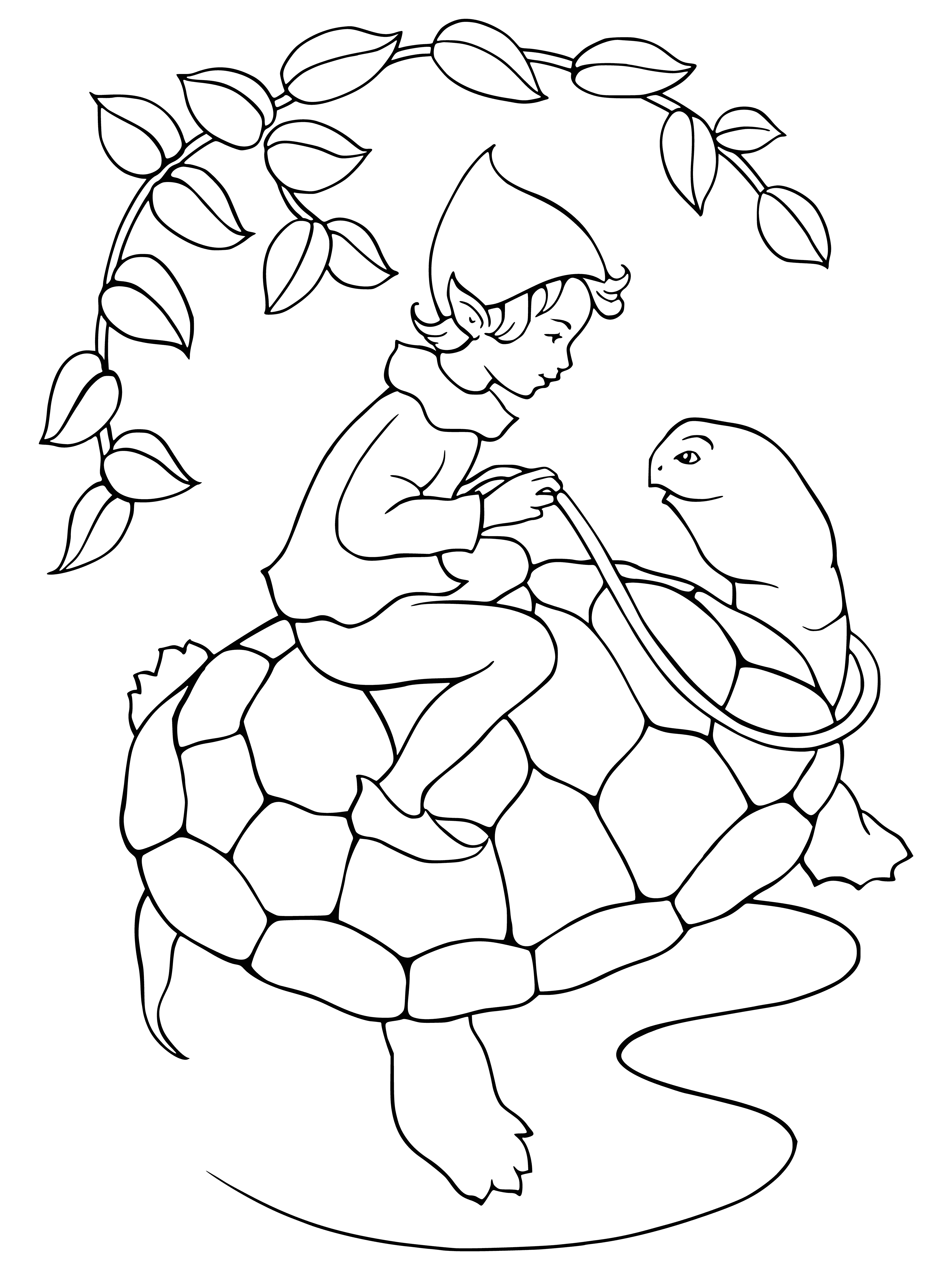 coloring page: Elf boy rides a turtle with fairy beside, waving wand and sprinkling dust. Mischievous grin, green tunic and leggings, light blue dress for fairy.
