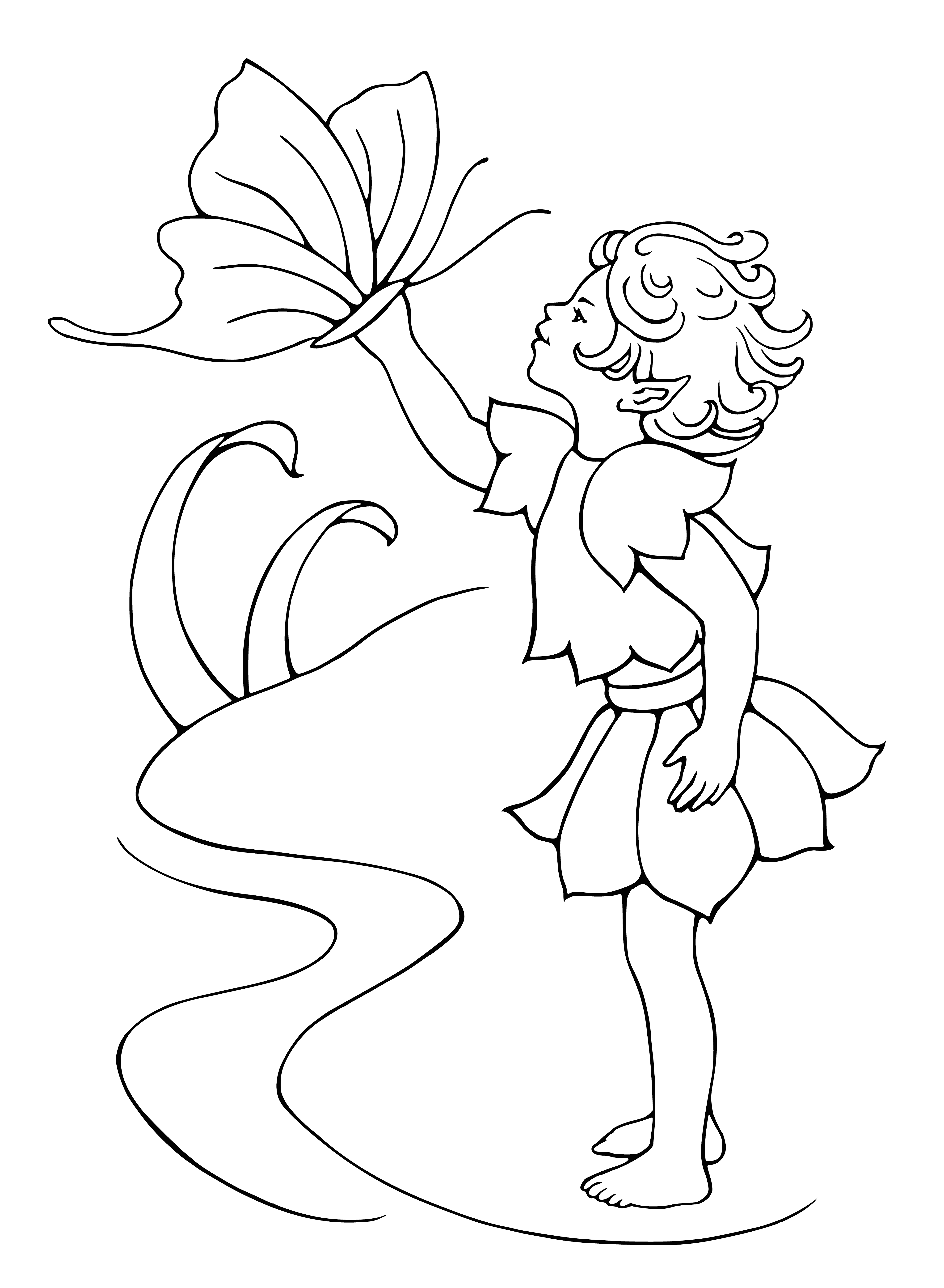 coloring page: Elf & fairy stand in a flower field, the elf w/ pointy ears & a mischievous smile & the fairy w/ dress of flower petals & wings. Both have blonde hair.