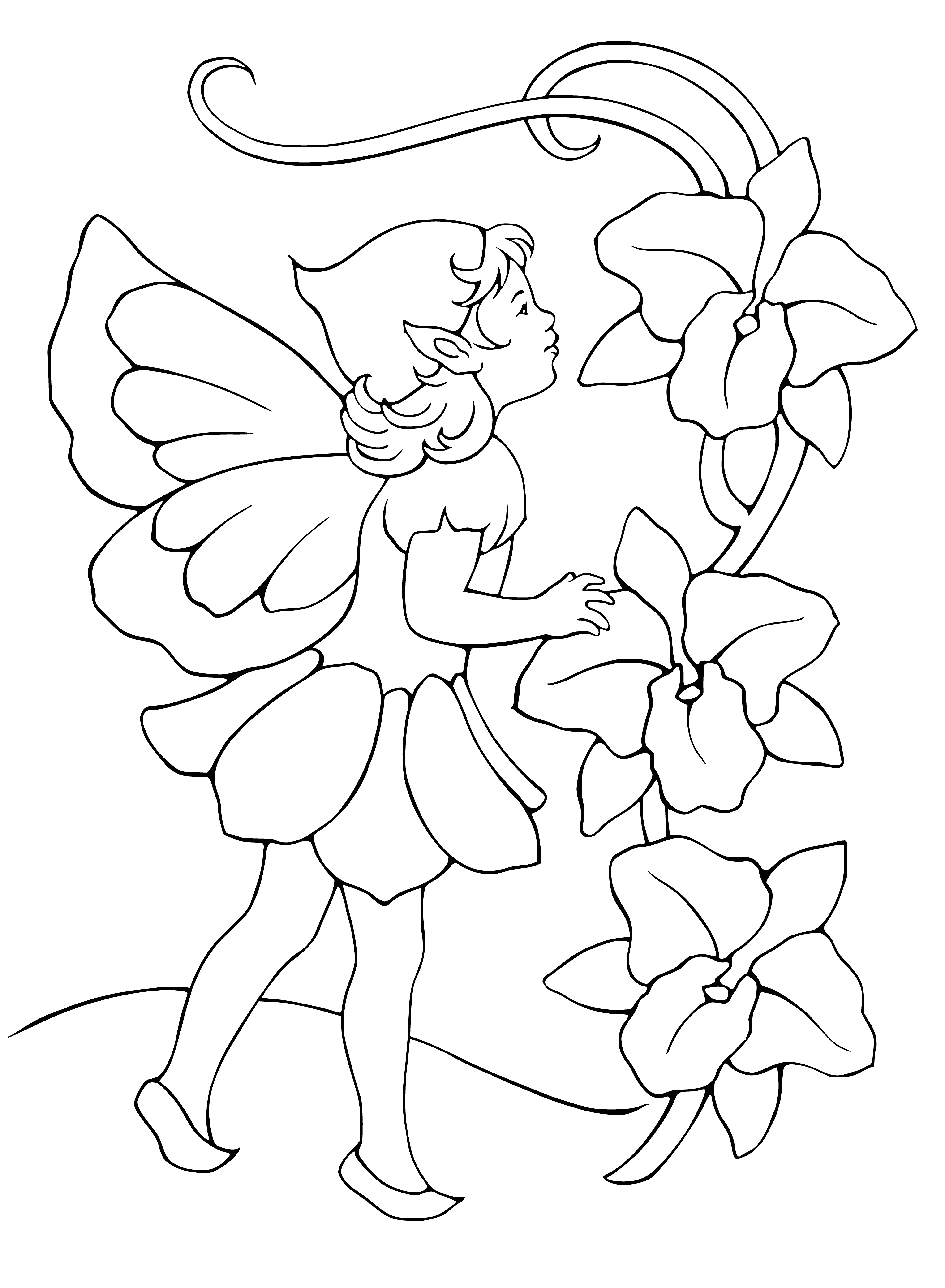 coloring page: Elf wearing green outfit, with pointy ears & bow/arrow on toadstool.
