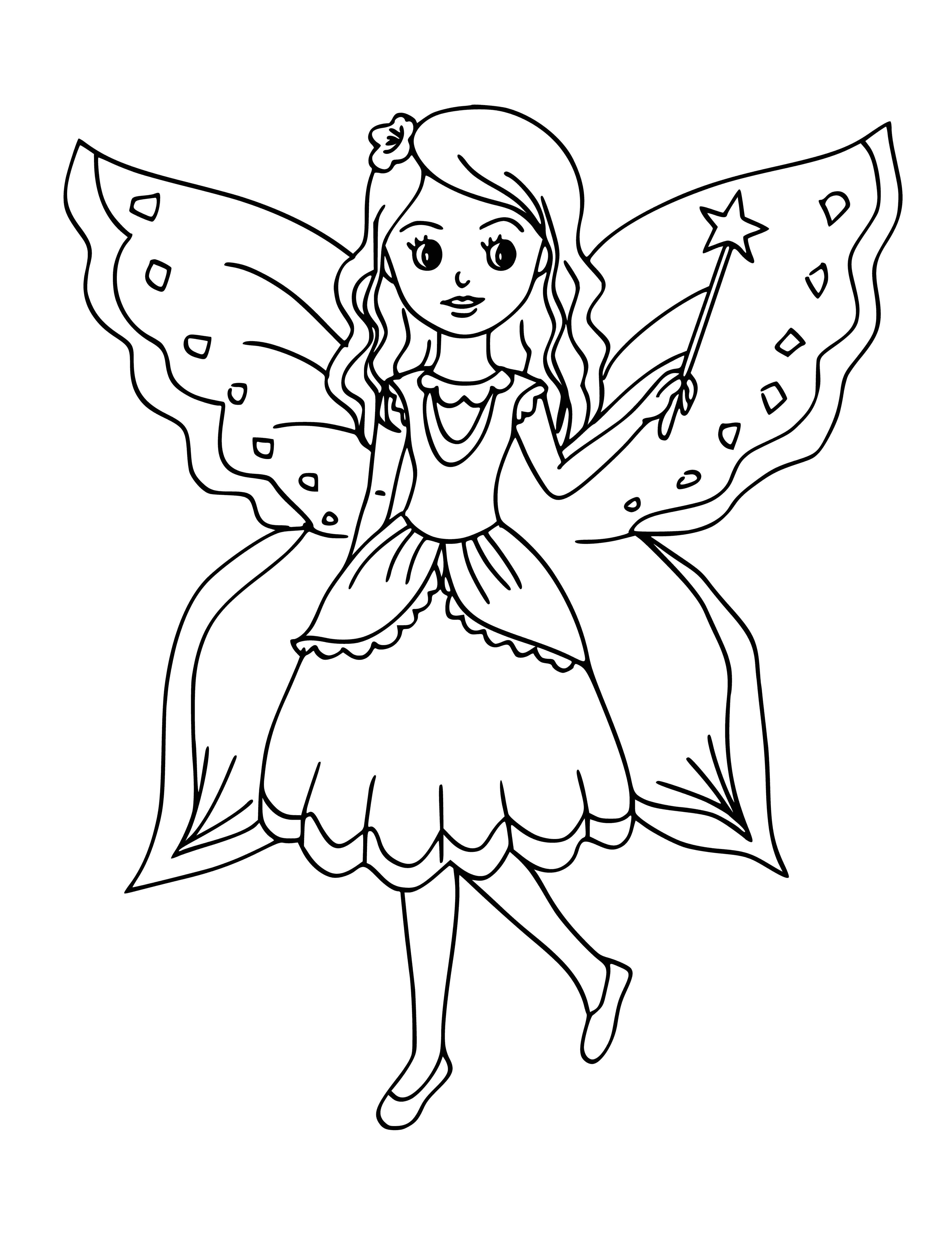 coloring page: A fairy wears a green dress and carries a wand, with pointy ears and wings, happily surrounded by butterflies.