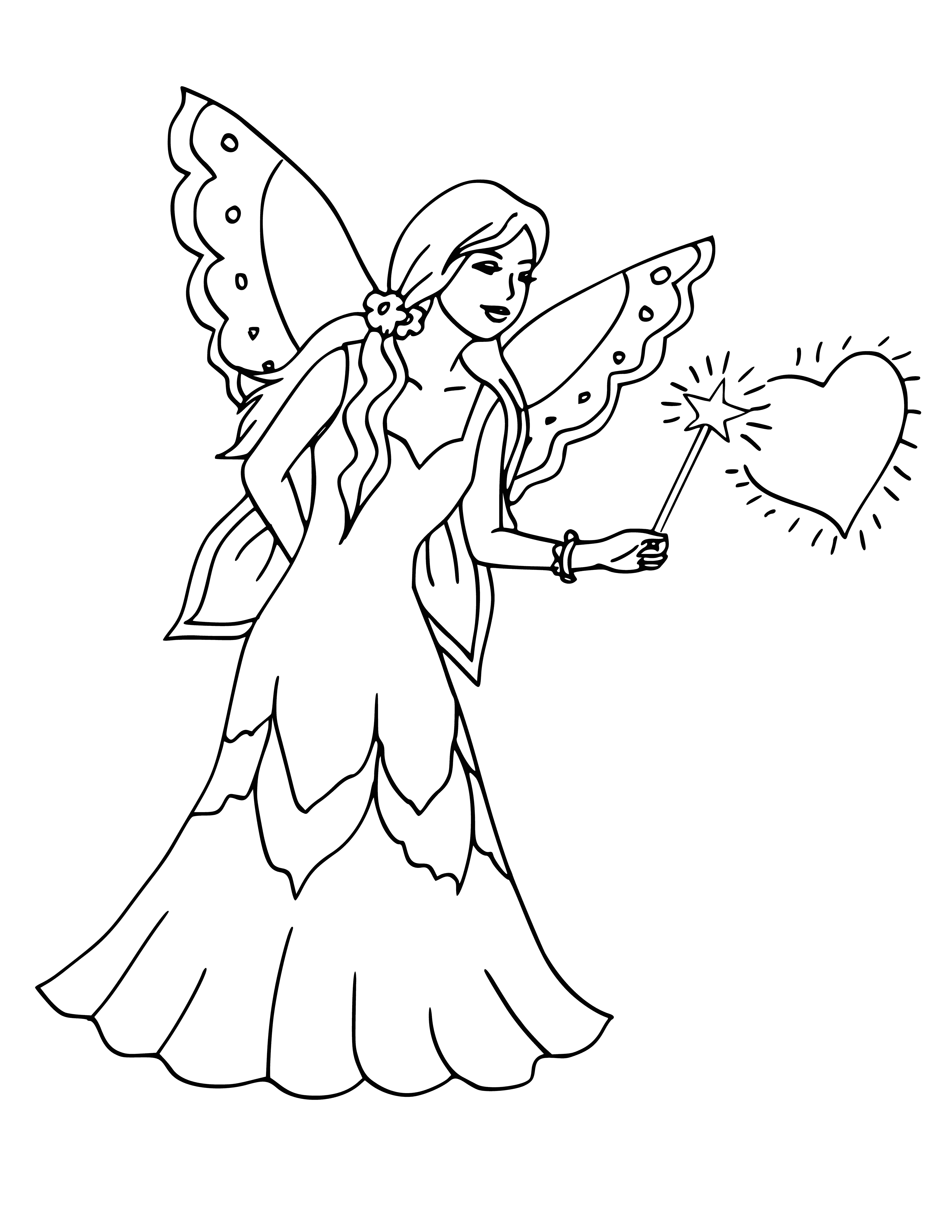 coloring page: Elves and fairies, wearing green and colorful clothes, flying and looking happy, fill the coloring page.