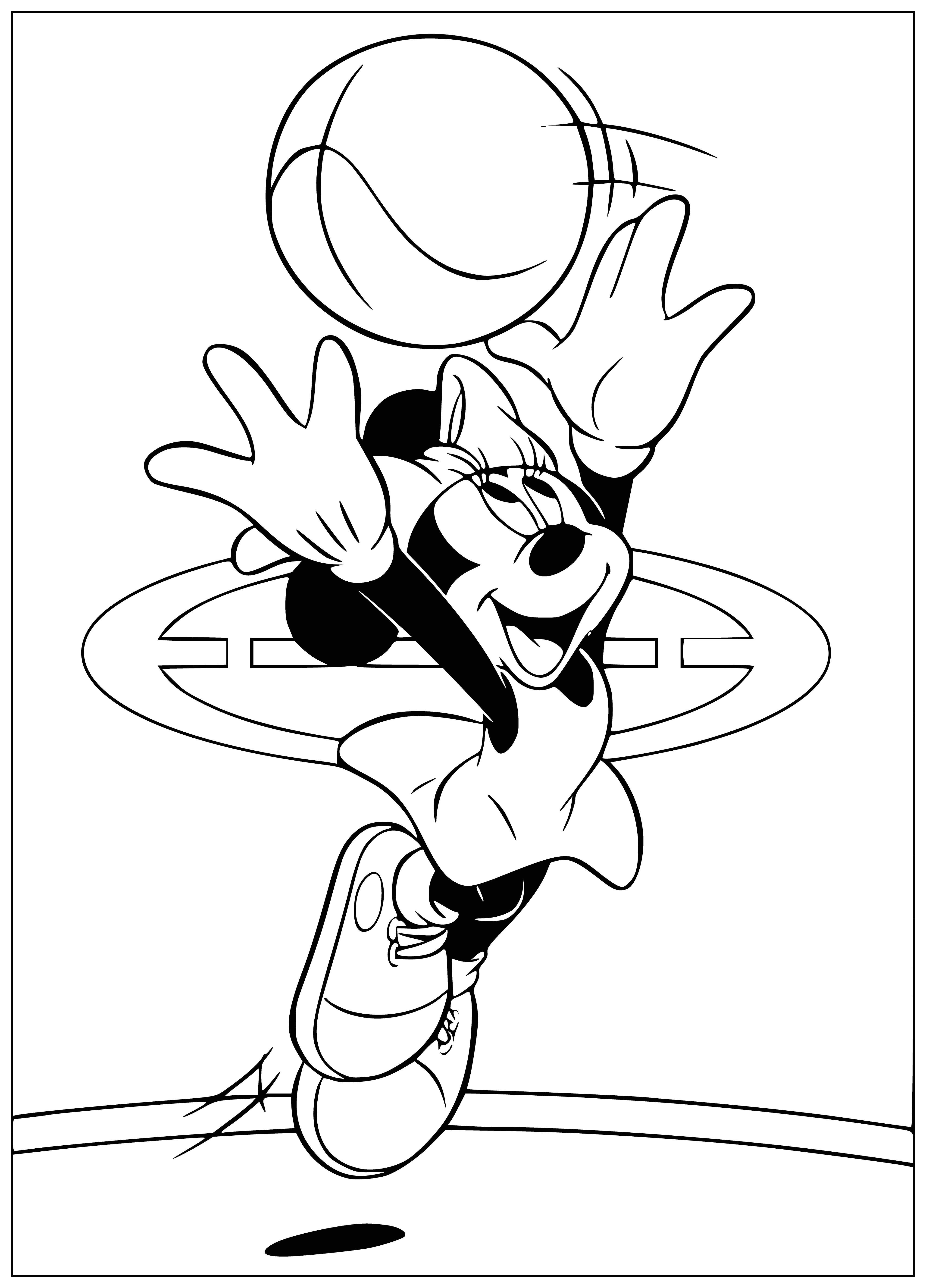coloring page: Mickey, Minnie & friends are playing basketball with Donald coaching & Goofy chasing the ball. Pluto watches on the sidelines.