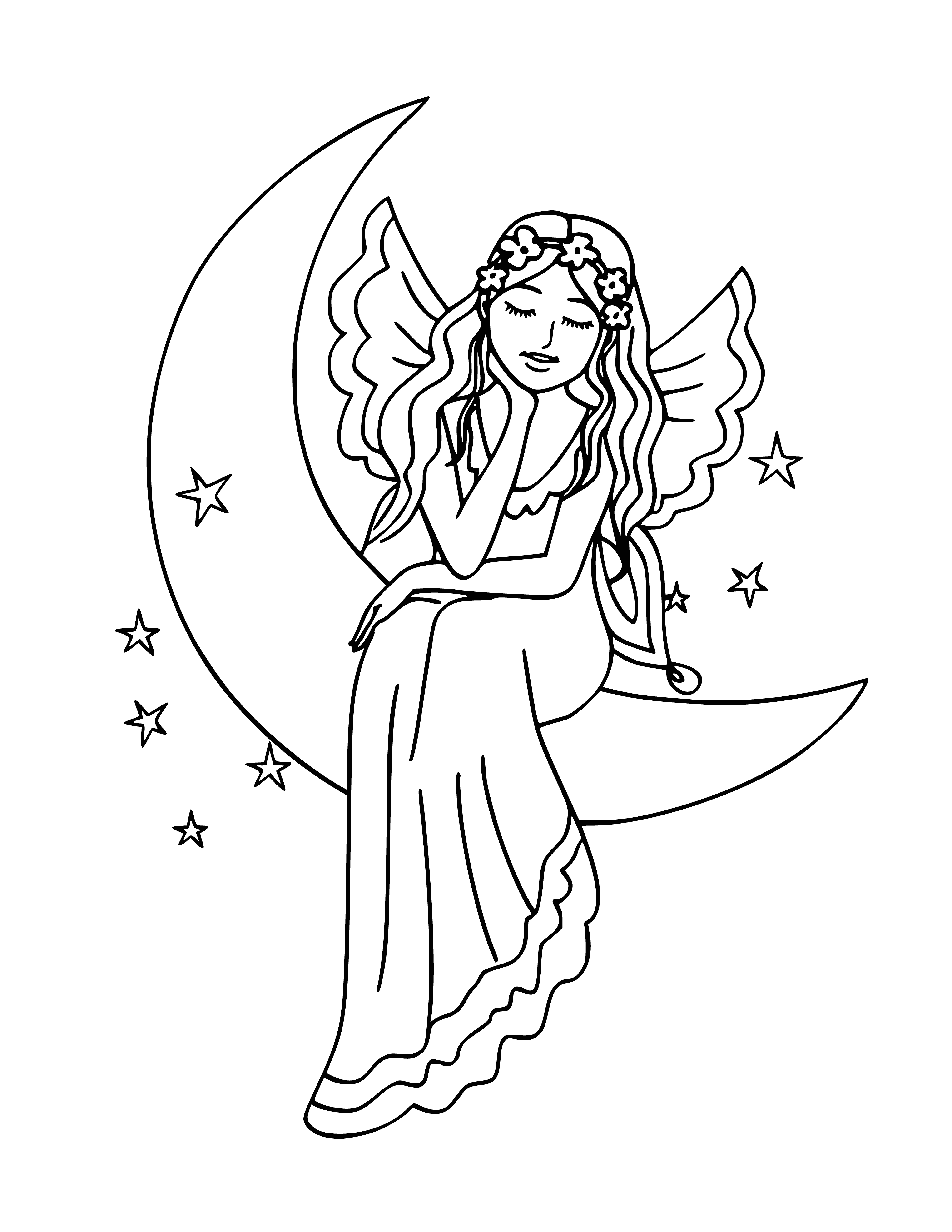 coloring page: Fairy made of dreams, gossamer wings, moonbeam dress, long hair & surrounded by sparkling light - magical! #FairyTales
