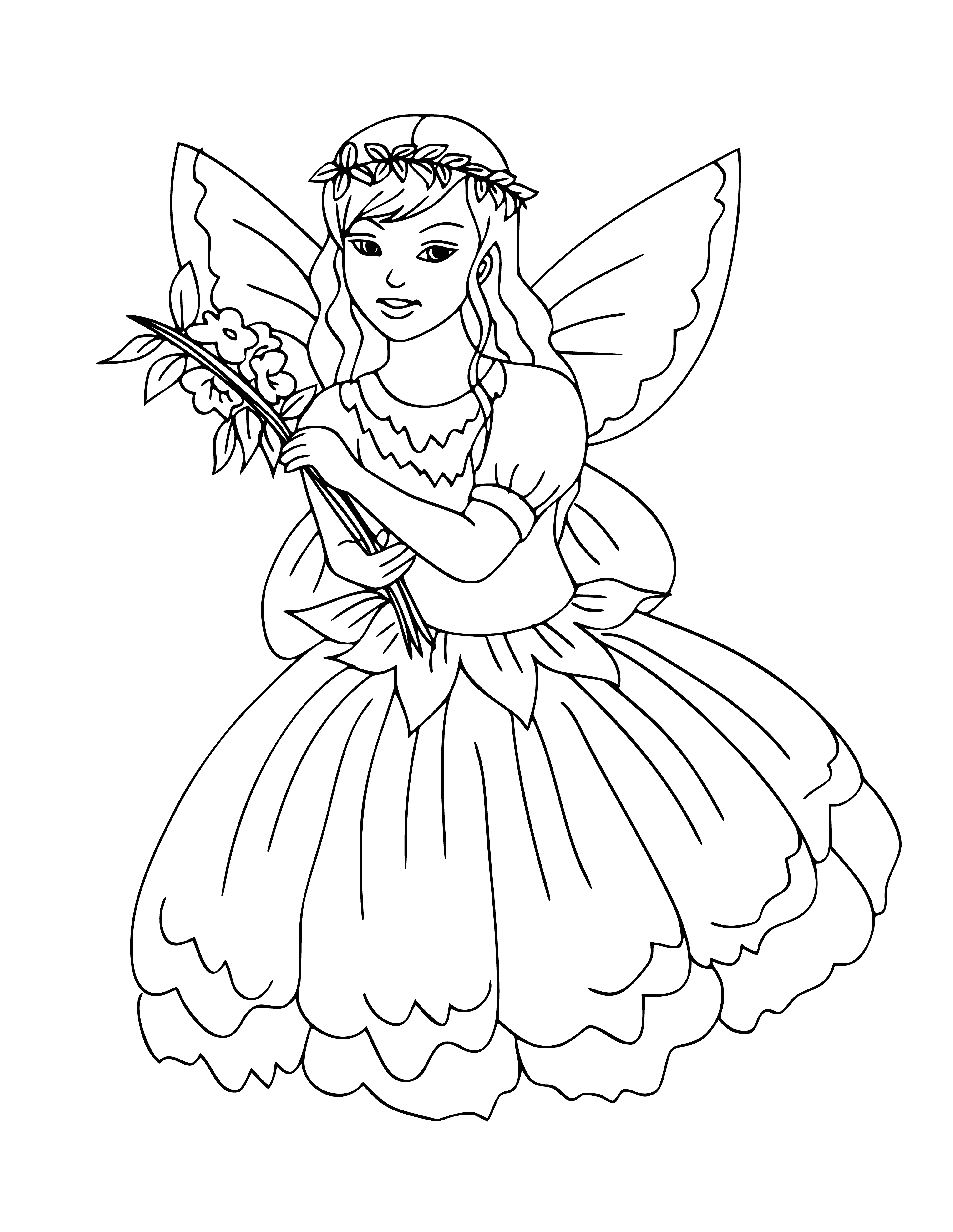 coloring page: Fairy sits in leafy wreath; leaves green; fairy has wings. #coloringpage