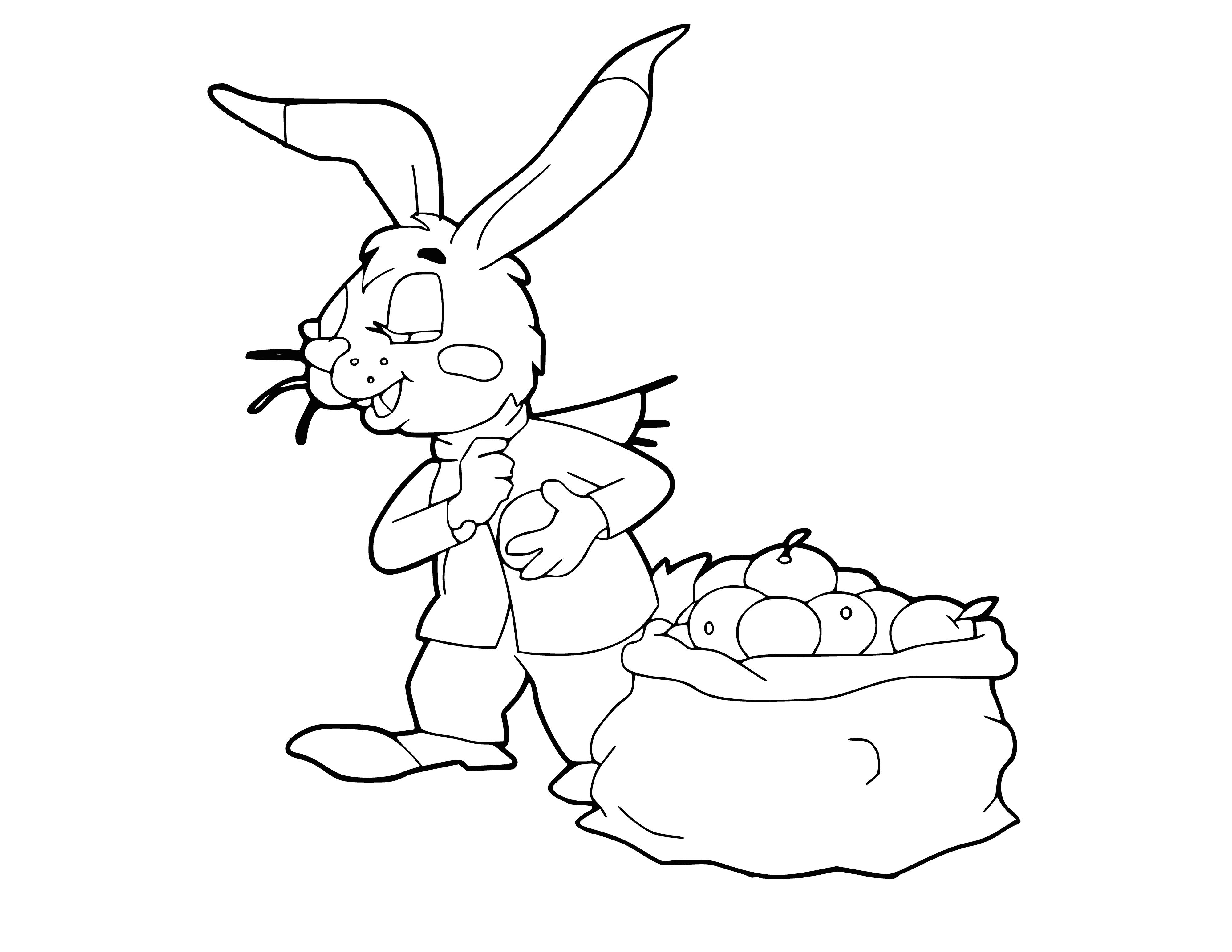 coloring page: Hare picking up a sack of apples, with red and green apples. Happiness abounds! #coloringpage #apples
