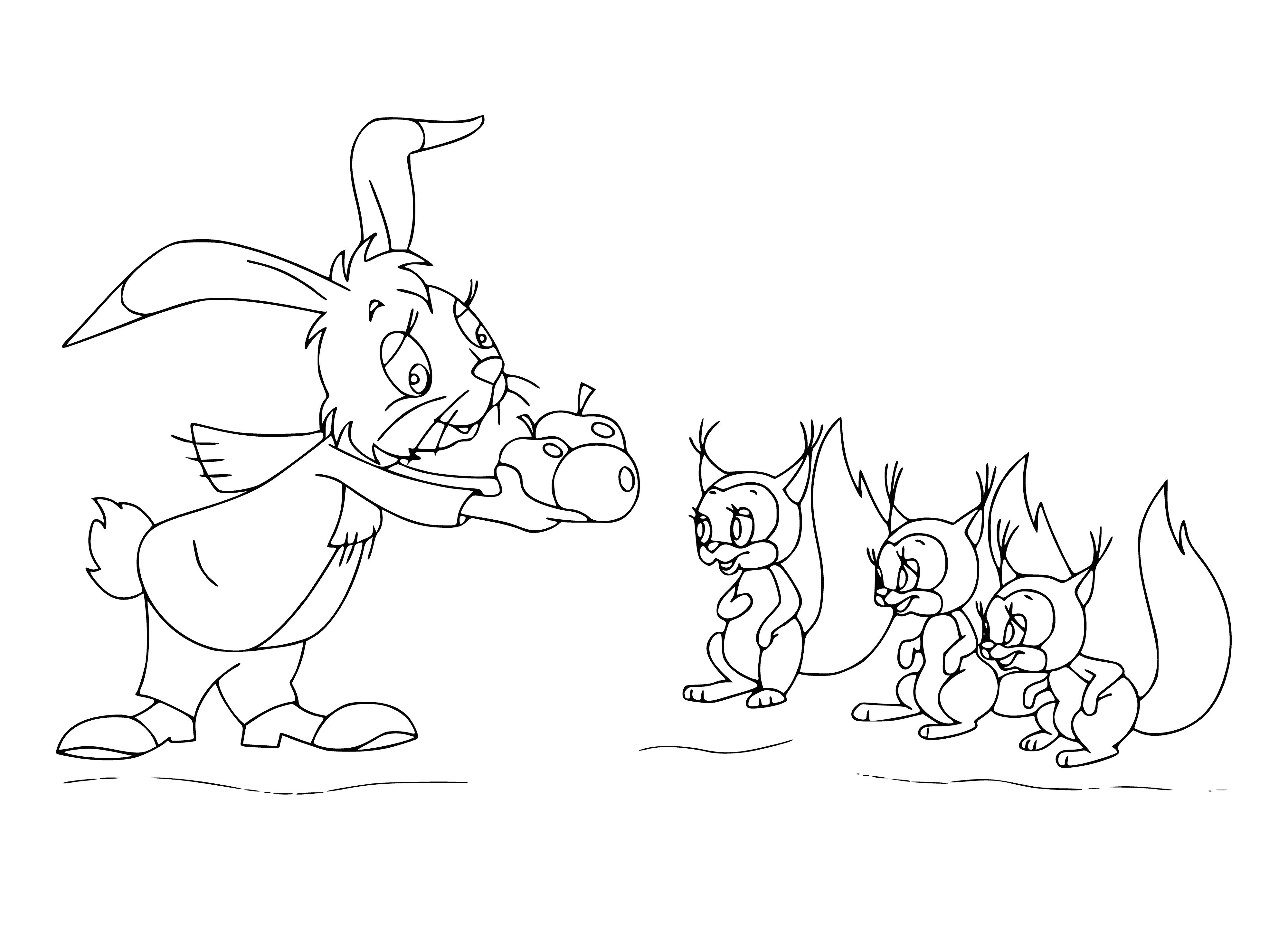 coloring page: Hare gives apple to squirrel, gets a nut in return. Both parties happy.