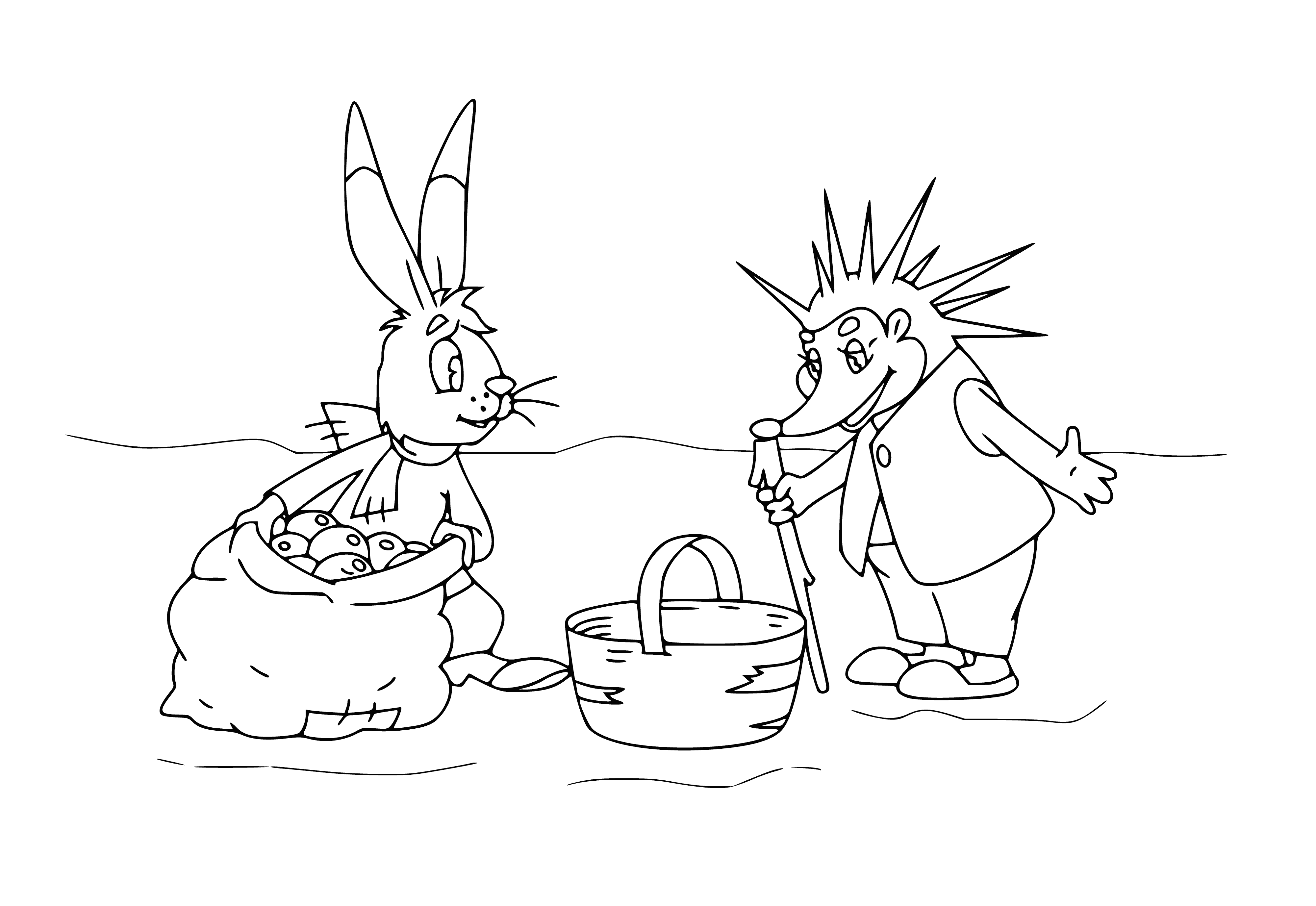 coloring page: A hare and hedgehog on a coloring page: the hare eating and the hedgehog holding an apple.