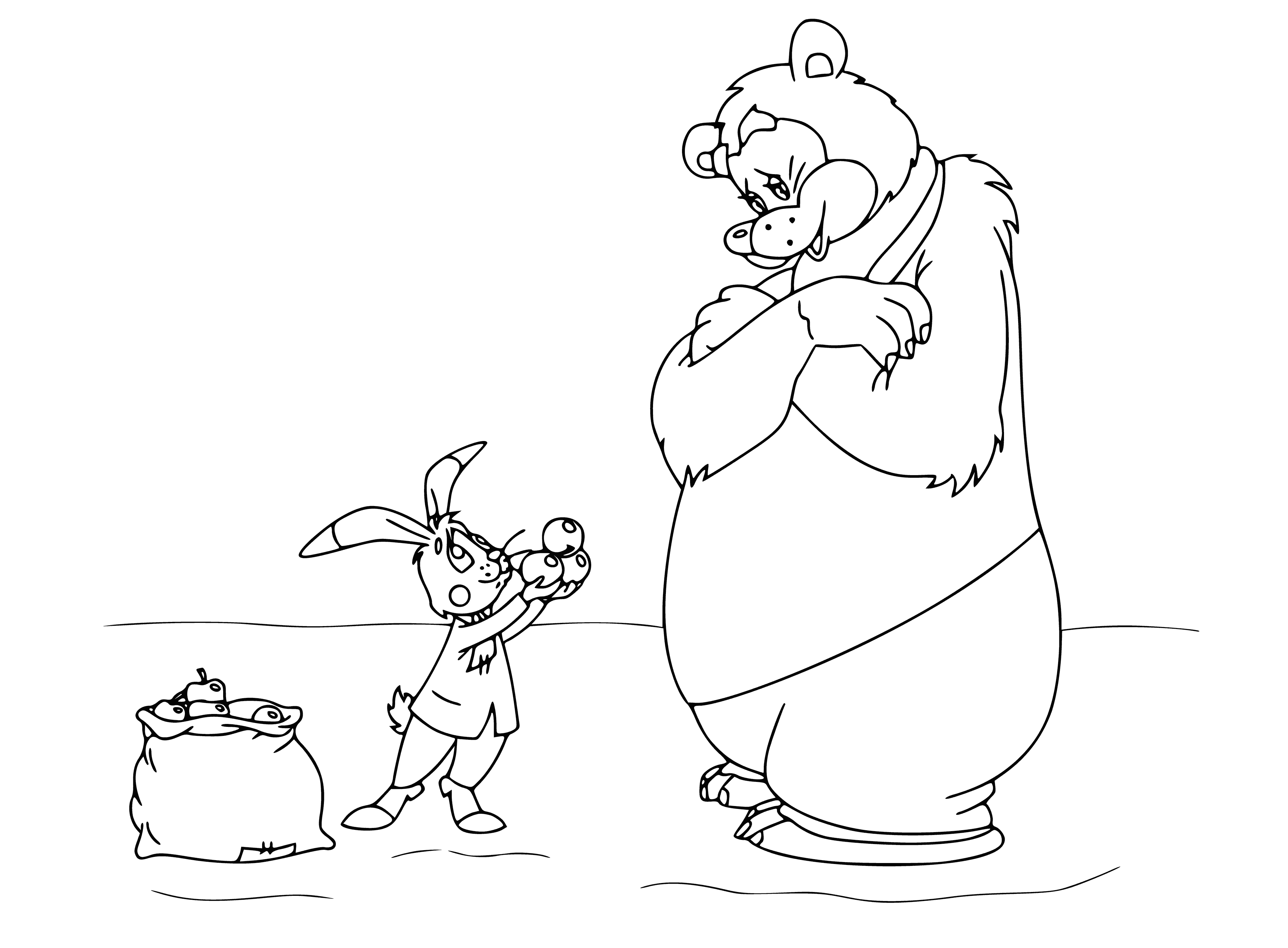 coloring page: The hare hands the bear a bag of apples, both looking pleased. Background shows trees and leaves.