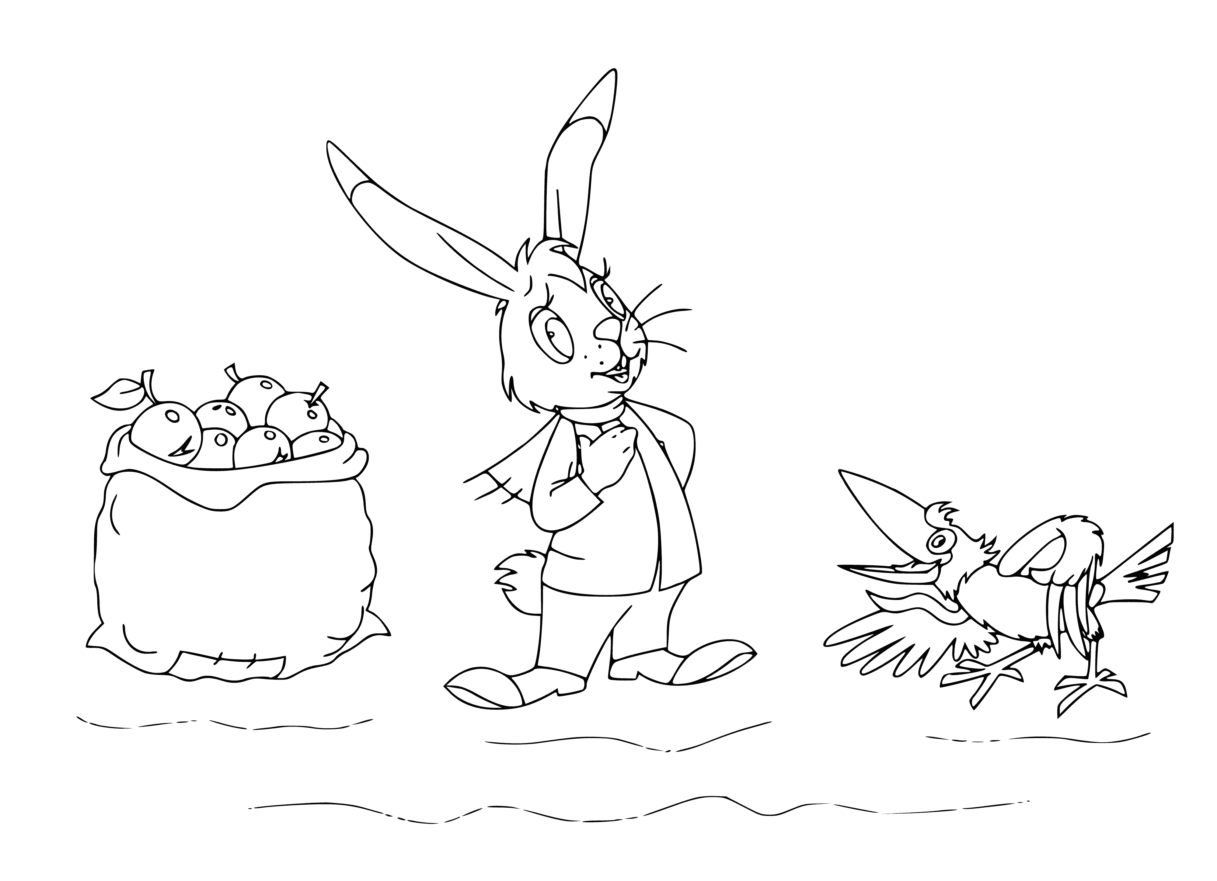 coloring page: A crow laughs at a hare, who's upset, while a bag of apples lays on the ground nearby.