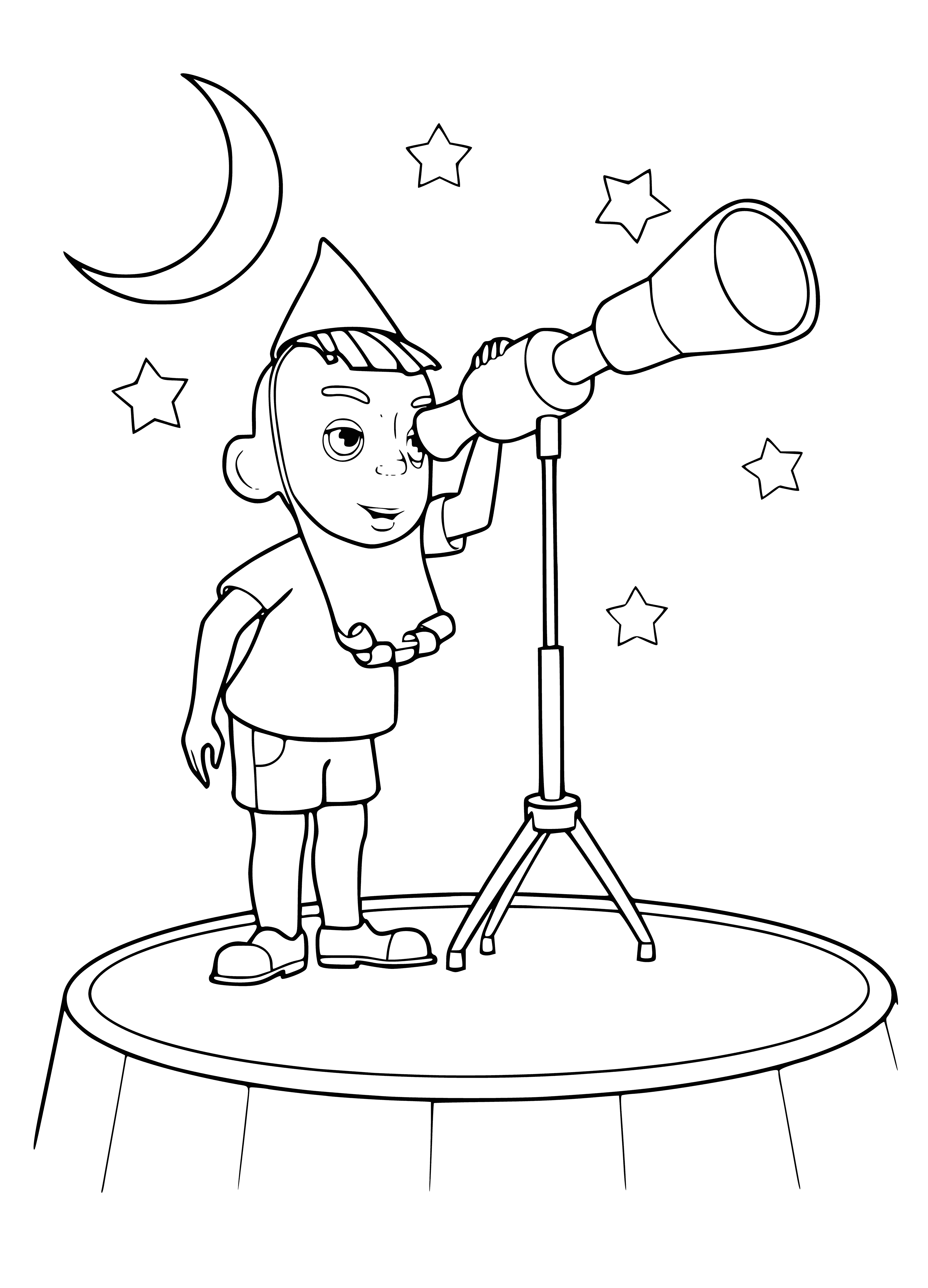 coloring page: Colorful planets & stars with a globe in center; left of globe is a yellow planet surrounded by green rings & on right is a red planet with white moon.