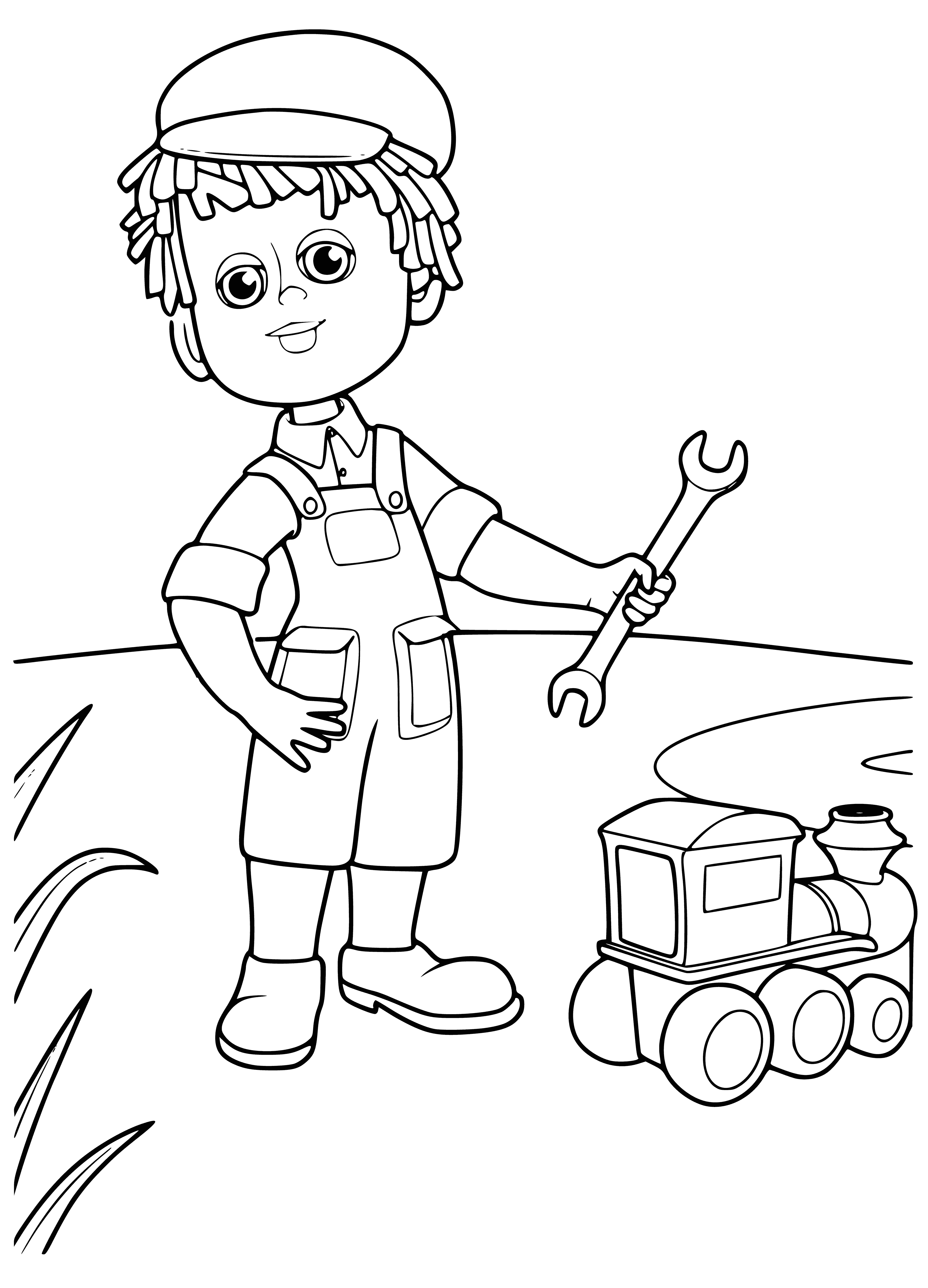 coloring page: Cartoon character Dunno stands next to robot Mechanic Cog, holding screwdriver & wrench, perplexed expression.
