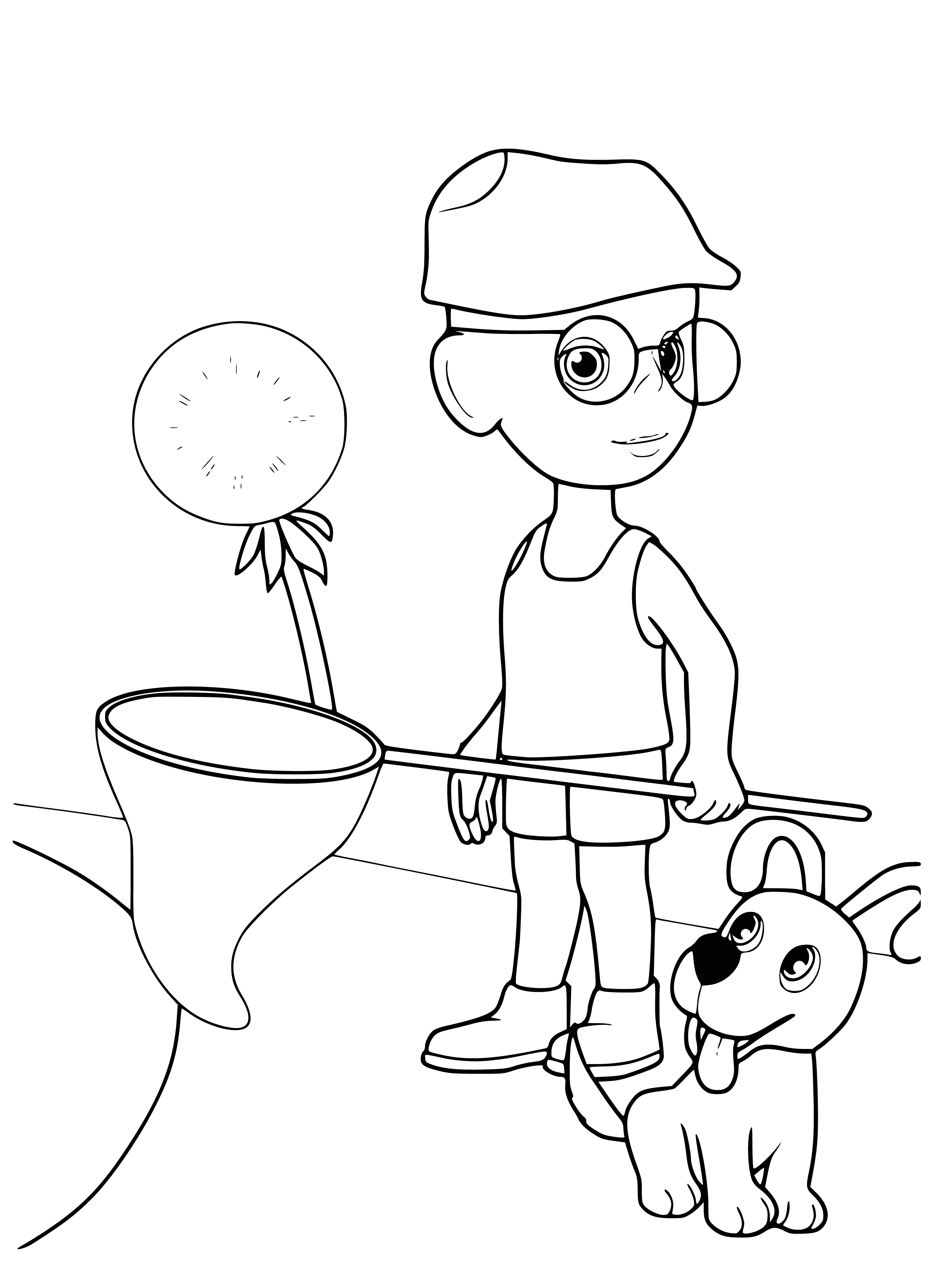 coloring page: Two cartoon pets smile, wearing collars--dog has blue & bone; cat red & bell--by large green bag with something inside.
