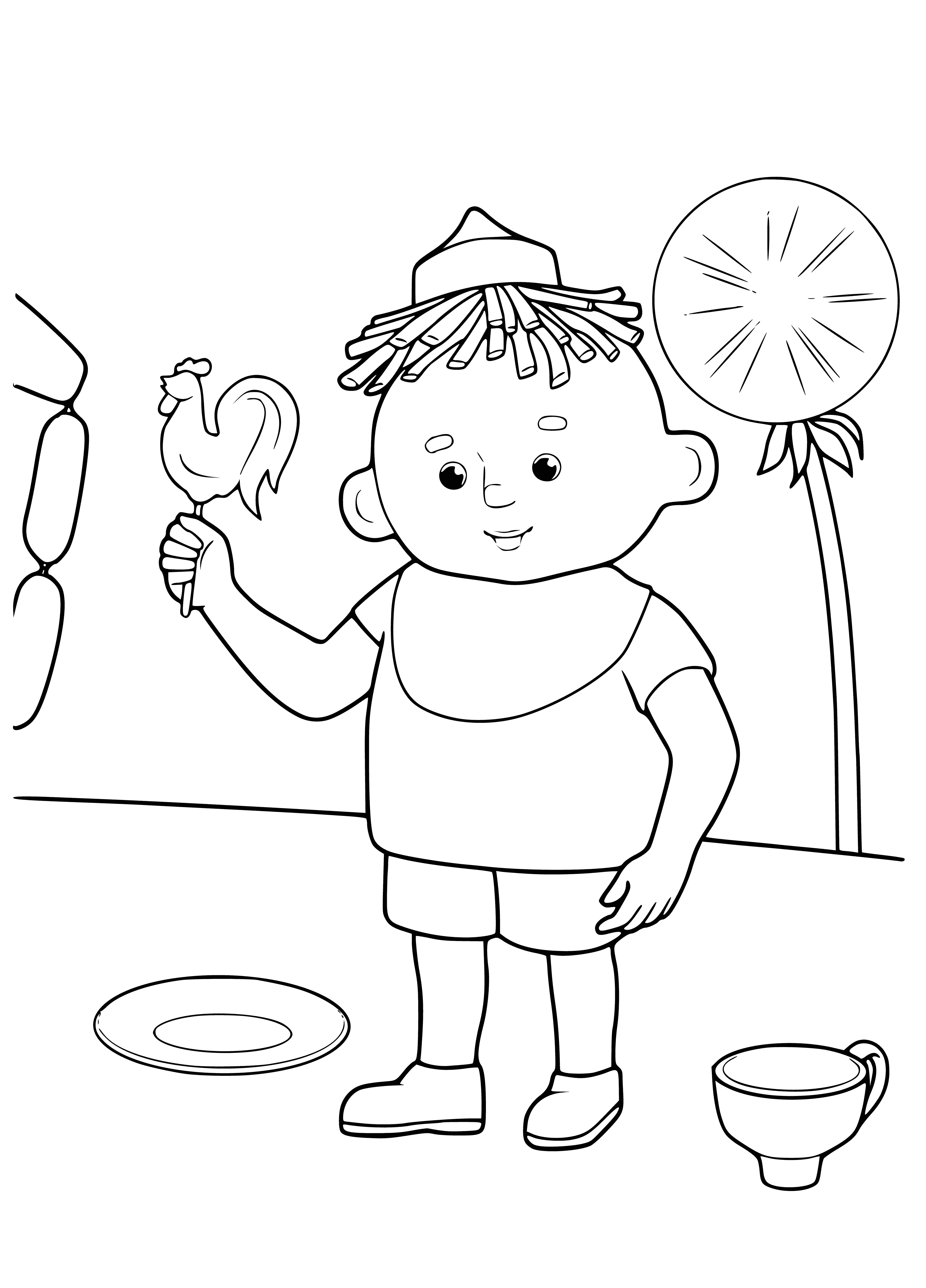 coloring page: Boy sits on leaf w/brown bird, holds yellow spoon & white bottle, smiles on sky-blue bg w/ white clouds. Wears white shirt & brown shorts.