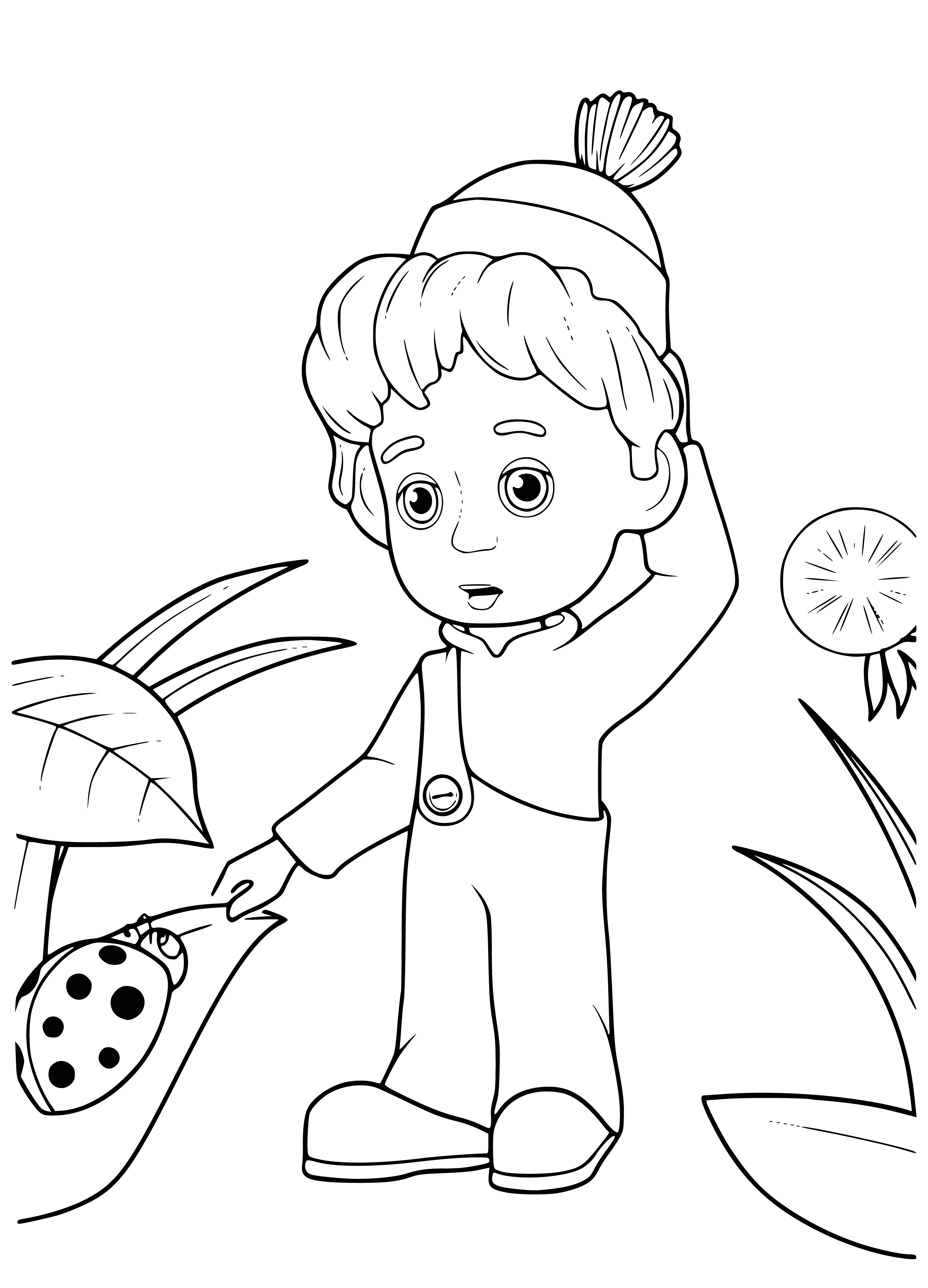 coloring page: Boy stands on hill with sheep, backpack on, ready to explore city in the distance. #AdventureAwaits